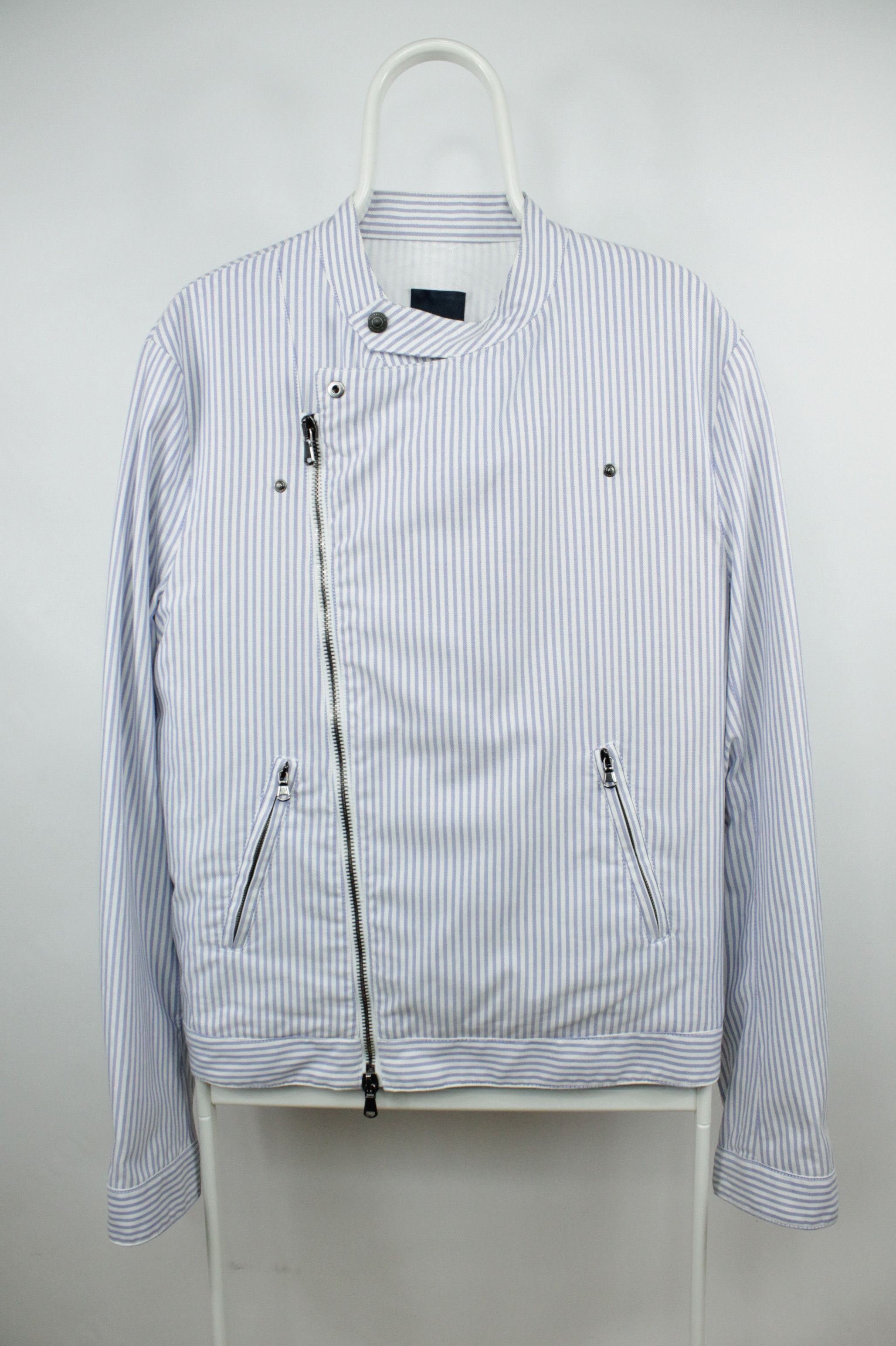 Tommy Hilfiger Hilfiger Collection White/Blue Striped Cotton Biker Jacket Size US L / EU 52-54 / 3 - 2 Thumbnail