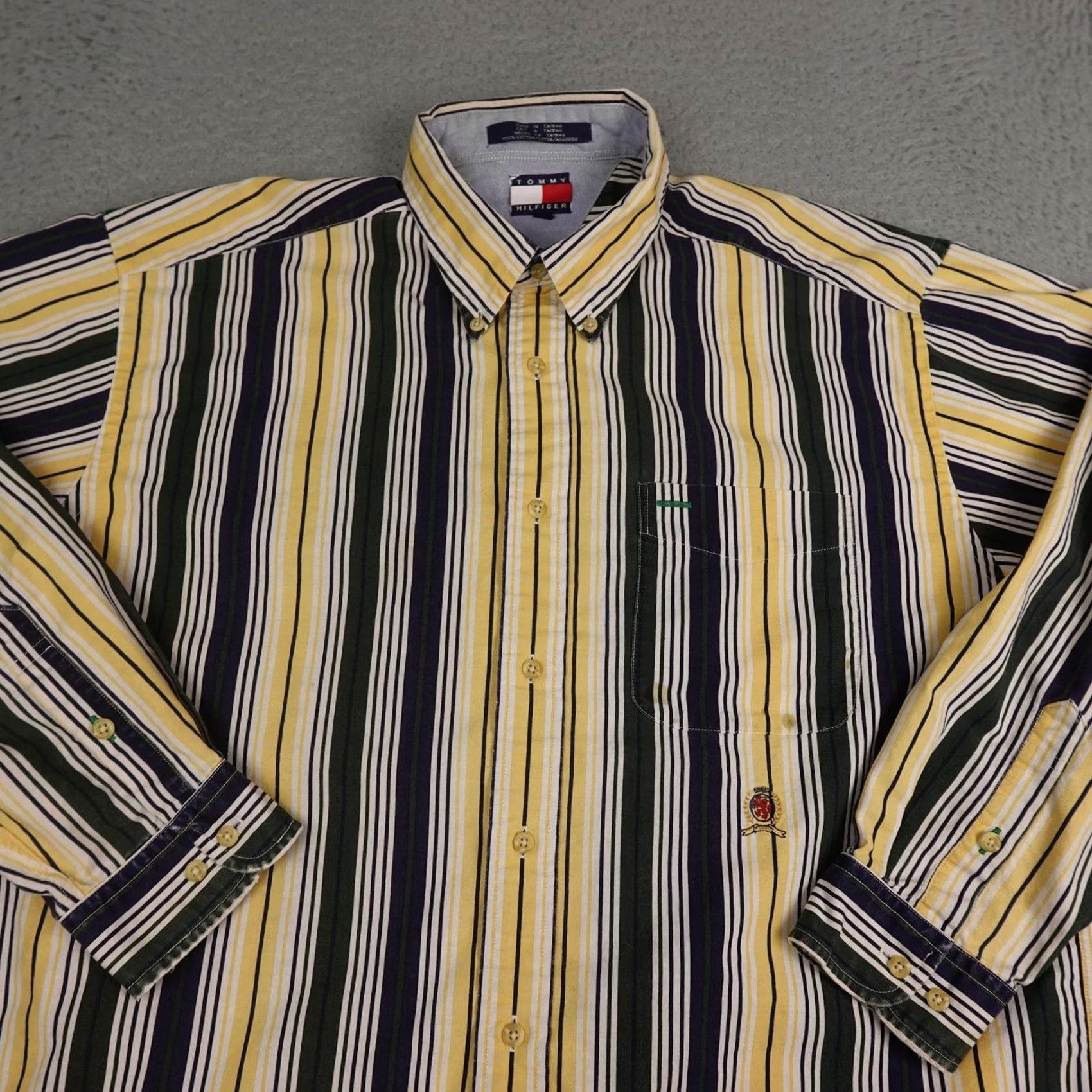 Tommy Hilfiger VINTAGE Tommy Hilfiger Shirt Mens L Blue Yellow Stripe Long Sleeve Crest 90s Retro Button-Up Collared Size US L / EU 52-54 / 3 - 3 Thumbnail