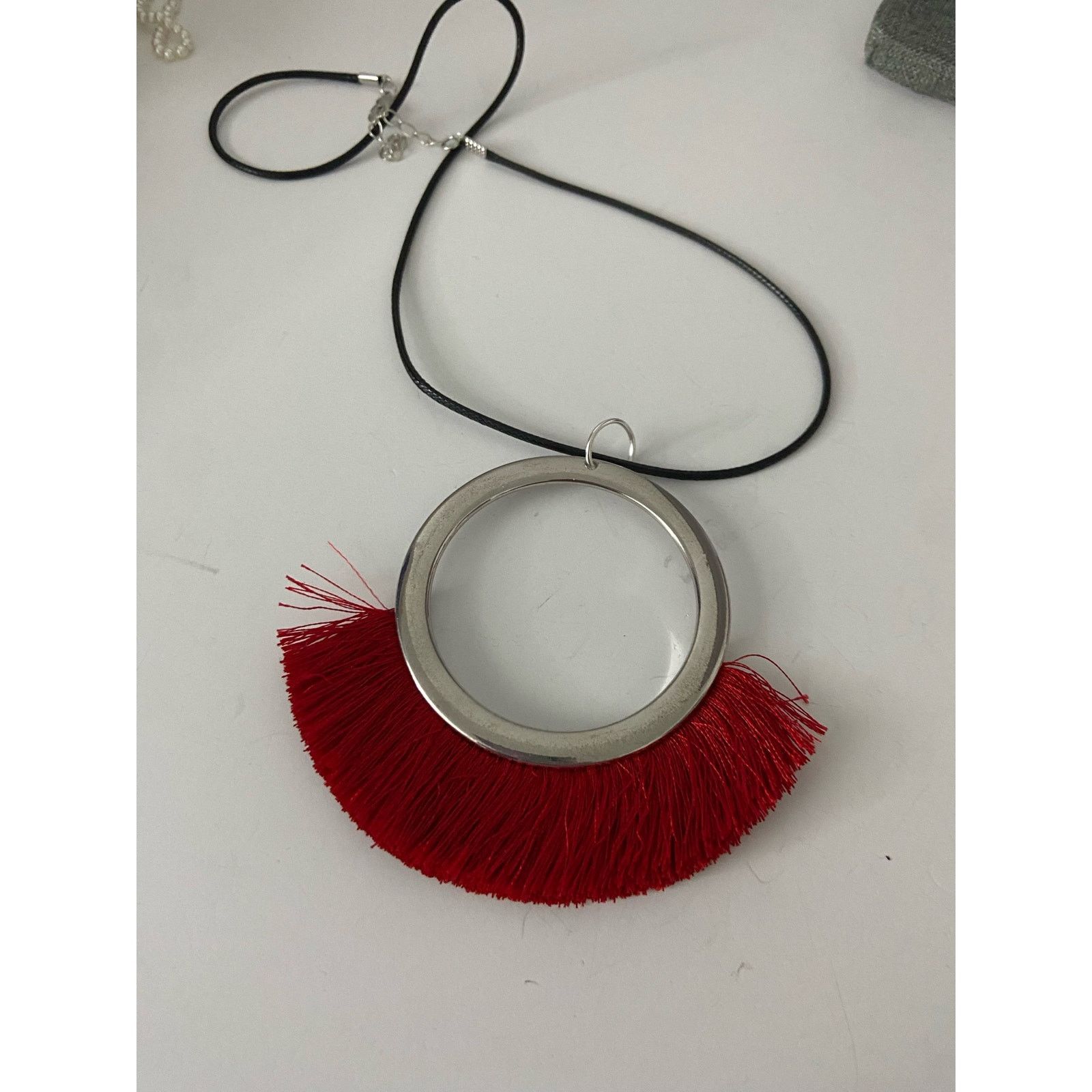 Other Silver tone round pendant necklace with red fringe Size ONE SIZE - 3 Thumbnail