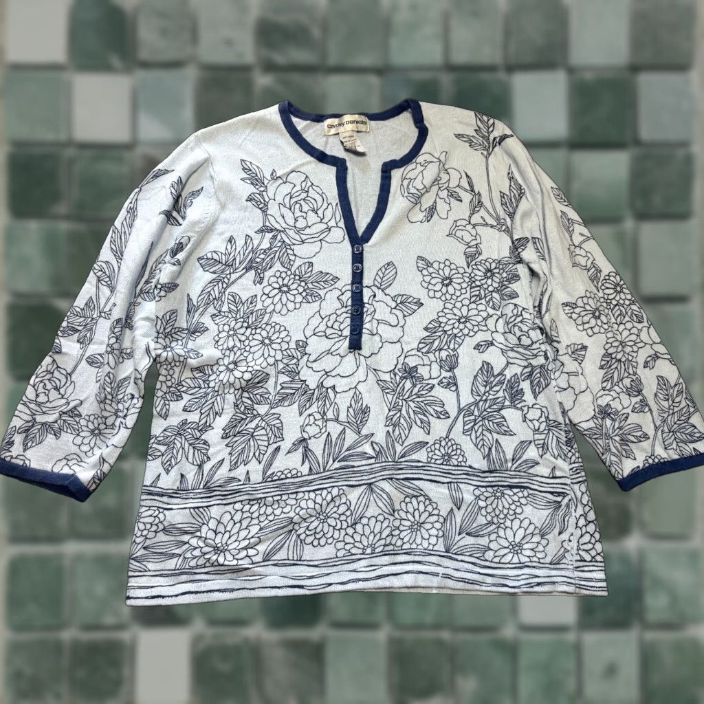 Vintage Cathy Daniels Sweater Shirt Women's M Floral Cotton Knit Long Sleeve Blue Size M / US 6-8 / IT 42-44 - 1 Thumbnail