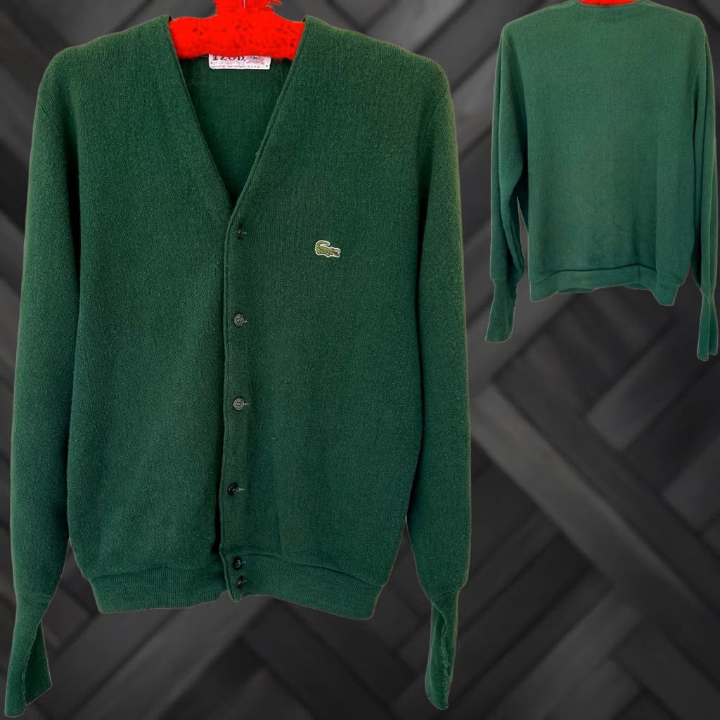 Lacoste VINTAGE Lacoste Cardigan Sweater USA Green Acrylic Croc Logo V Neck Preppy Mens M Size US M / EU 48-50 / 2 - 1 Thumbnail