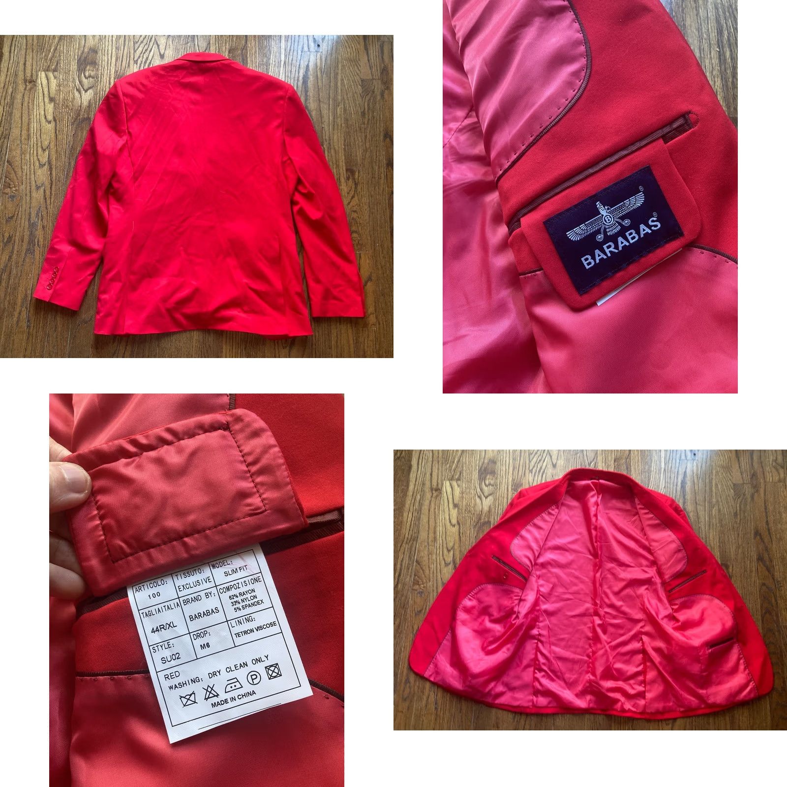 Vintage Barabas 2 Piece Suit Mens 44R Jacket 38x31 Pants Red Slim 2 Button Size 44R - 8 Thumbnail