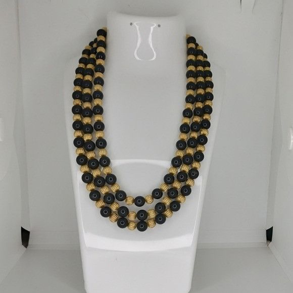 Vintage Cato Black Gold Multi Strand Necklace 3 Tiered Layered Jewel Size ONE SIZE - 12 Thumbnail