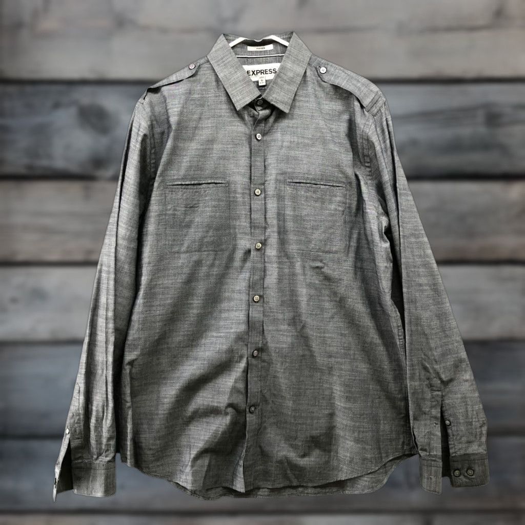Express Express Button Down Shirt Mens L Gray Long Sleeve Cotton Utility Slim Classic Pockets Size US L / EU 52-54 / 3 - 1 Thumbnail