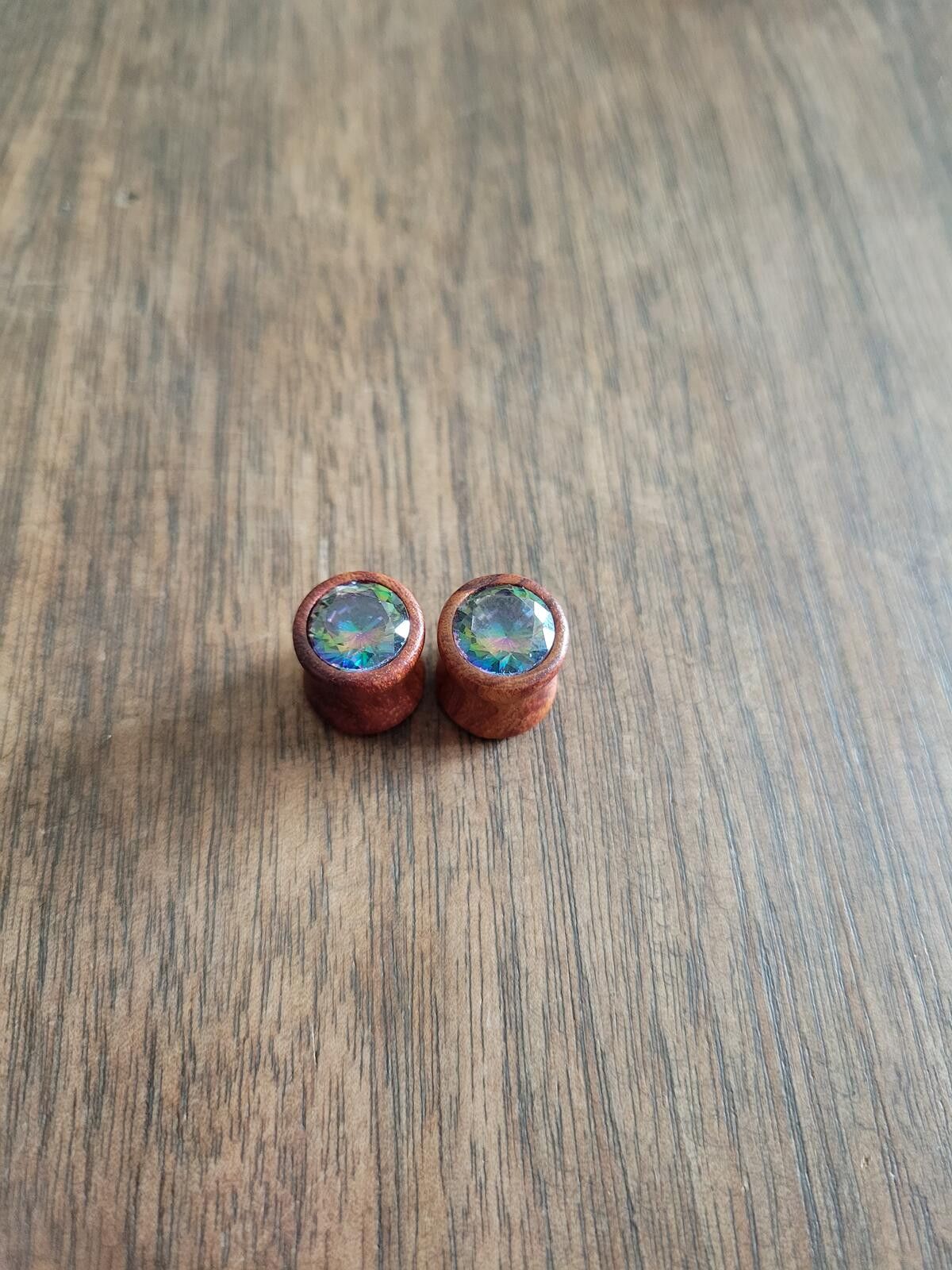 The Unbranded Brand Pair of Wooden Ear Gauges w Iridescent Gemstone size 00 Size ONE SIZE - 1 Thumbnail