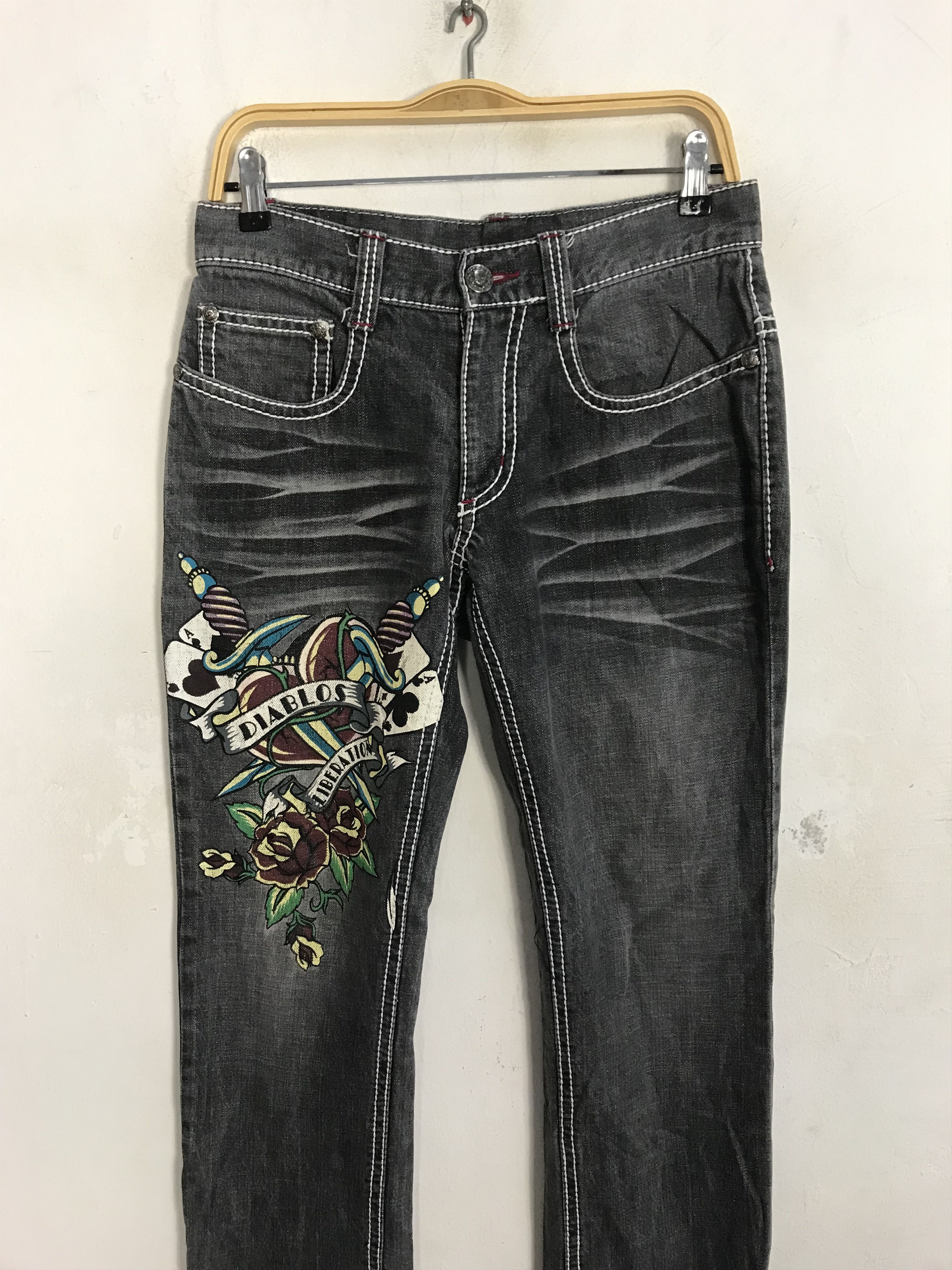 Japanese Brand Diablos Exquilsite Converslou Black Jeans Embroidery Logo Size 29" - 3 Thumbnail