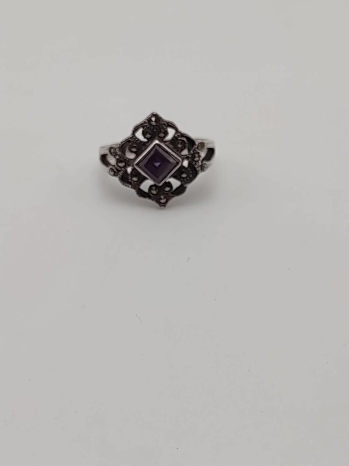 The Unbranded Brand Sterling 925 Amethyst Marcasite Deco Ring Sz 6.25 Size ONE SIZE - 2 Thumbnail