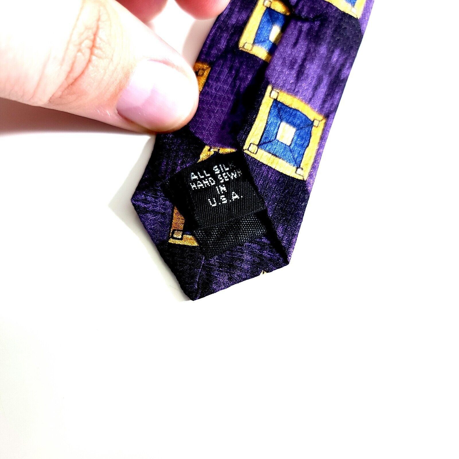 Jos. A. Bank Jos A Bank Purple Yellow Geometric Print Wide Silk Tie Size ONE SIZE - 3 Thumbnail