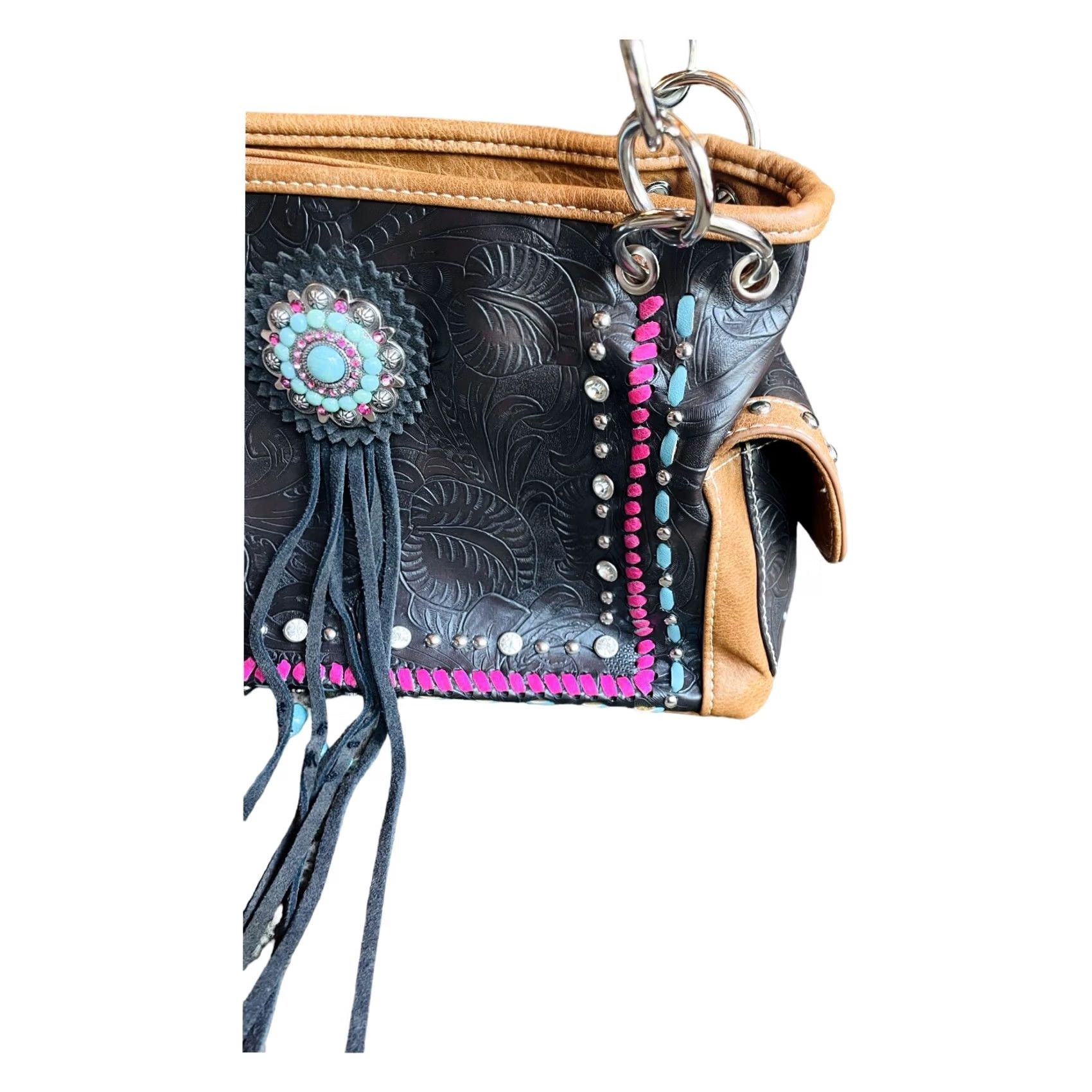 Vintage VINTAGE? No — Montana West Shoulder Bag Women's Purse Black Faux Leather Concho Collection Modern 13in 8in 5in Zip Inner Pockets Fringe Leather Strap Size ONE SIZE - 2 Thumbnail