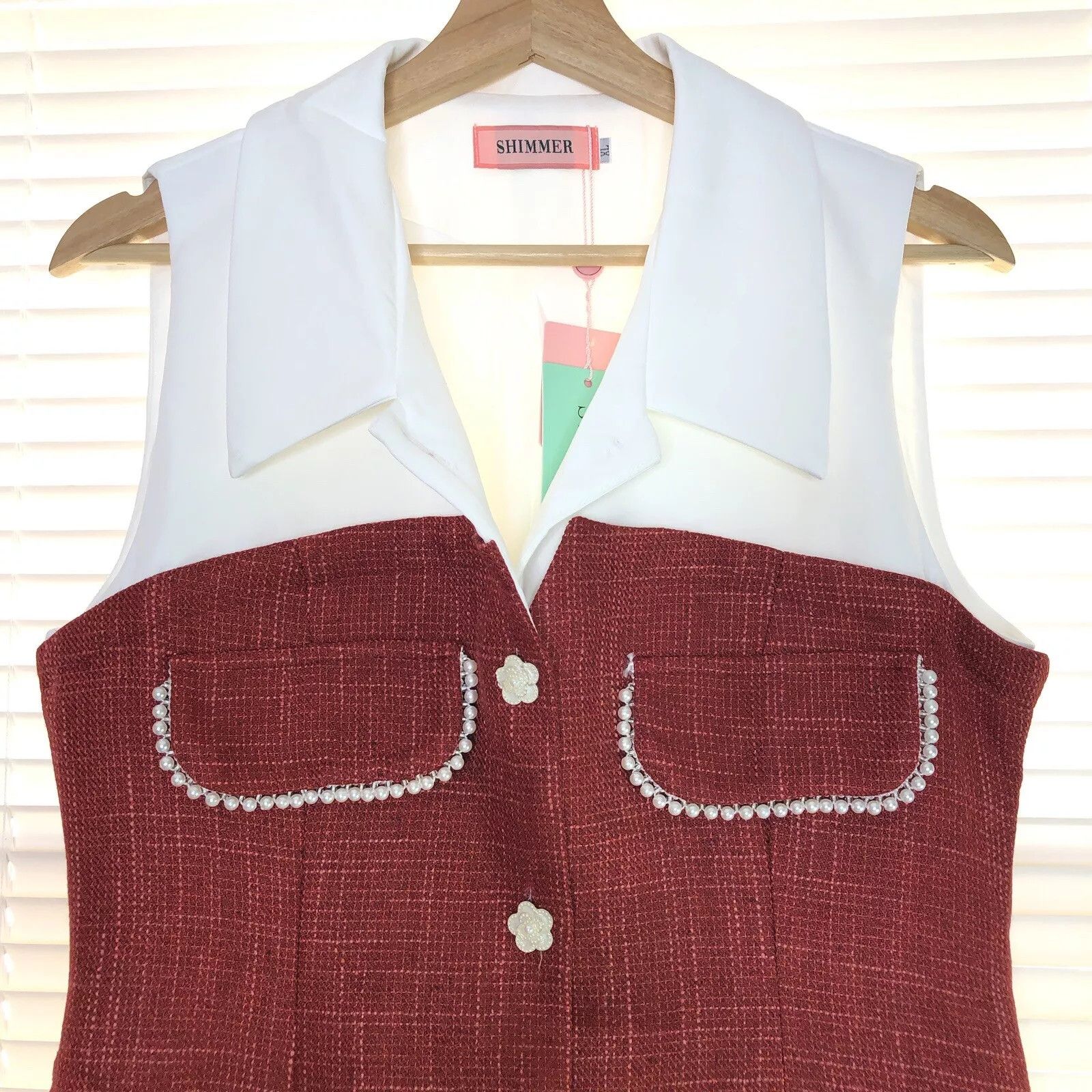 Other SHIMMER Women Burgundy White Sleeveless Dress XL Bottom Down Size XL / US 12-14 / IT 48-50 - 2 Thumbnail