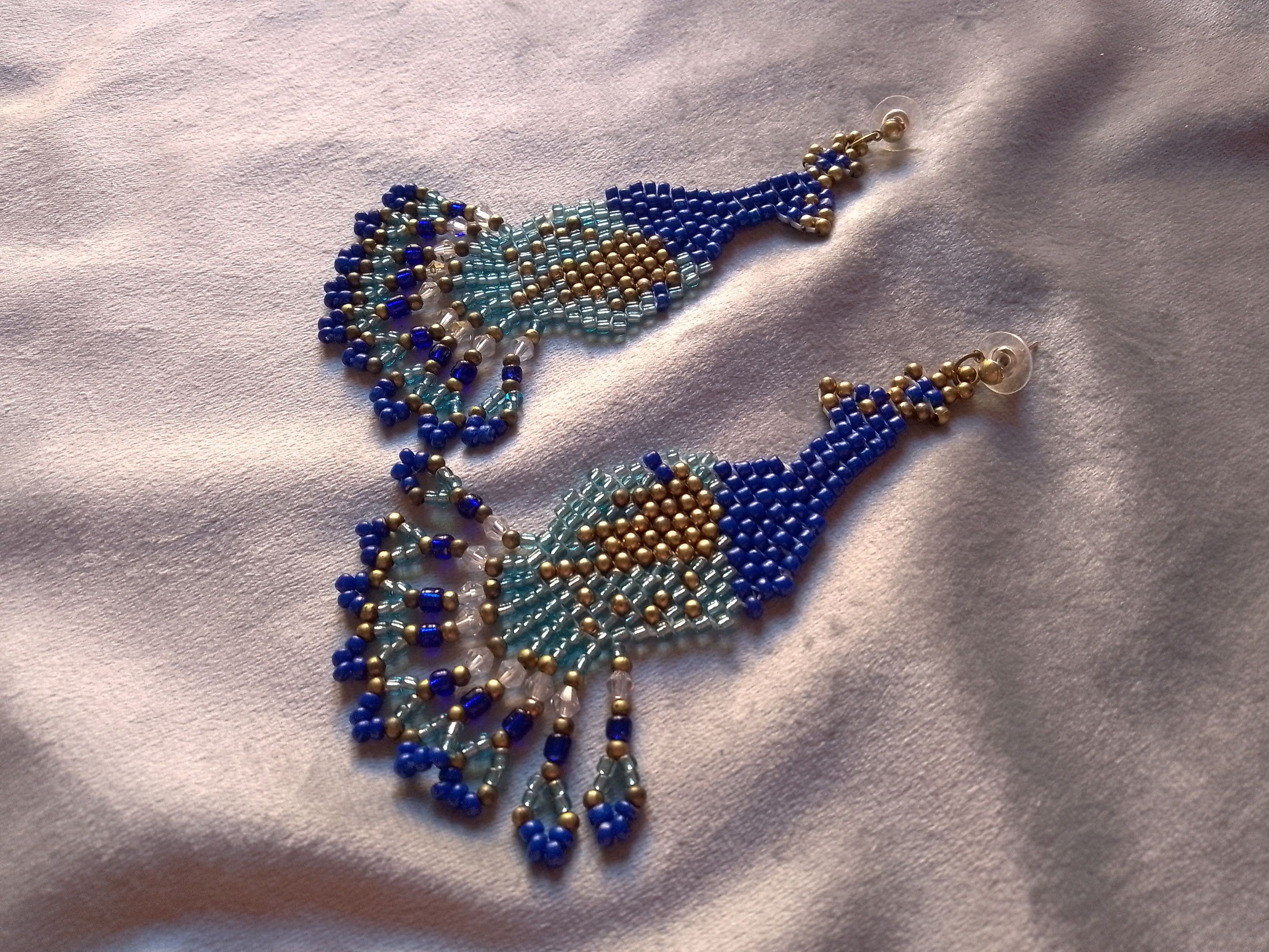 Handmade Earrings Long Beaded Peacock Blue Crystal Elegant Size ONE SIZE - 4 Thumbnail