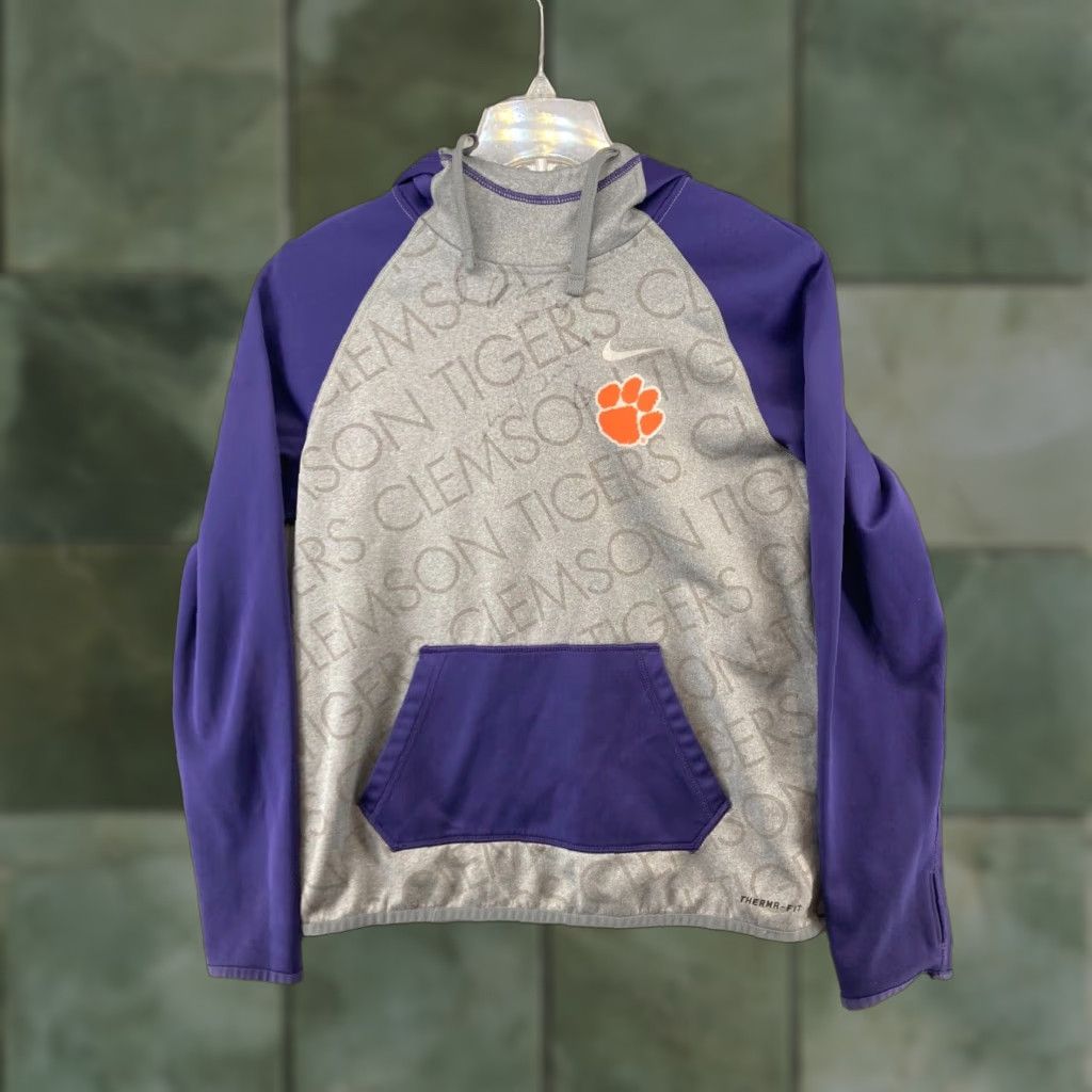 Nike Mens Hoodie Small Gray Purple Clemson Tigers Therma Fit SIGNED