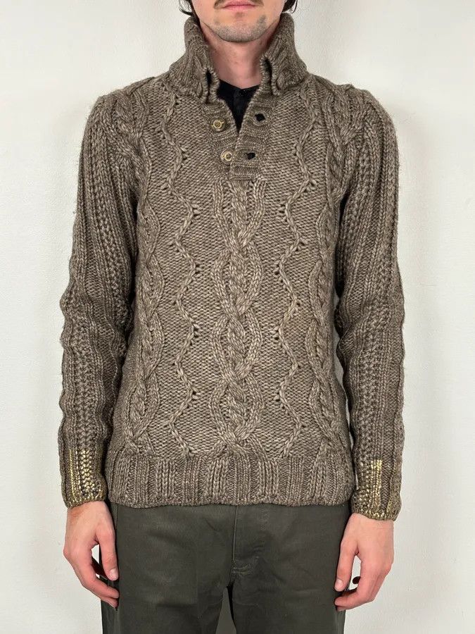 Roberto Cavalli AW2007 Cavalli Grey Wool Cable Knit Logo Buttoned Sweater Size US M / EU 48-50 / 2 - 2 Thumbnail