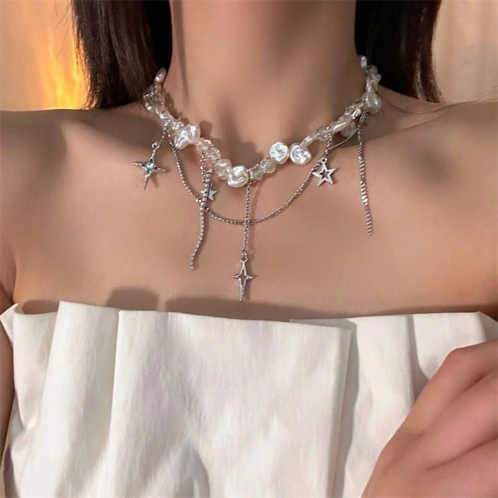 Jewelry y2k Multiple Stars Rhinestone Pearl Necklace Size ONE SIZE - 1 Thumbnail