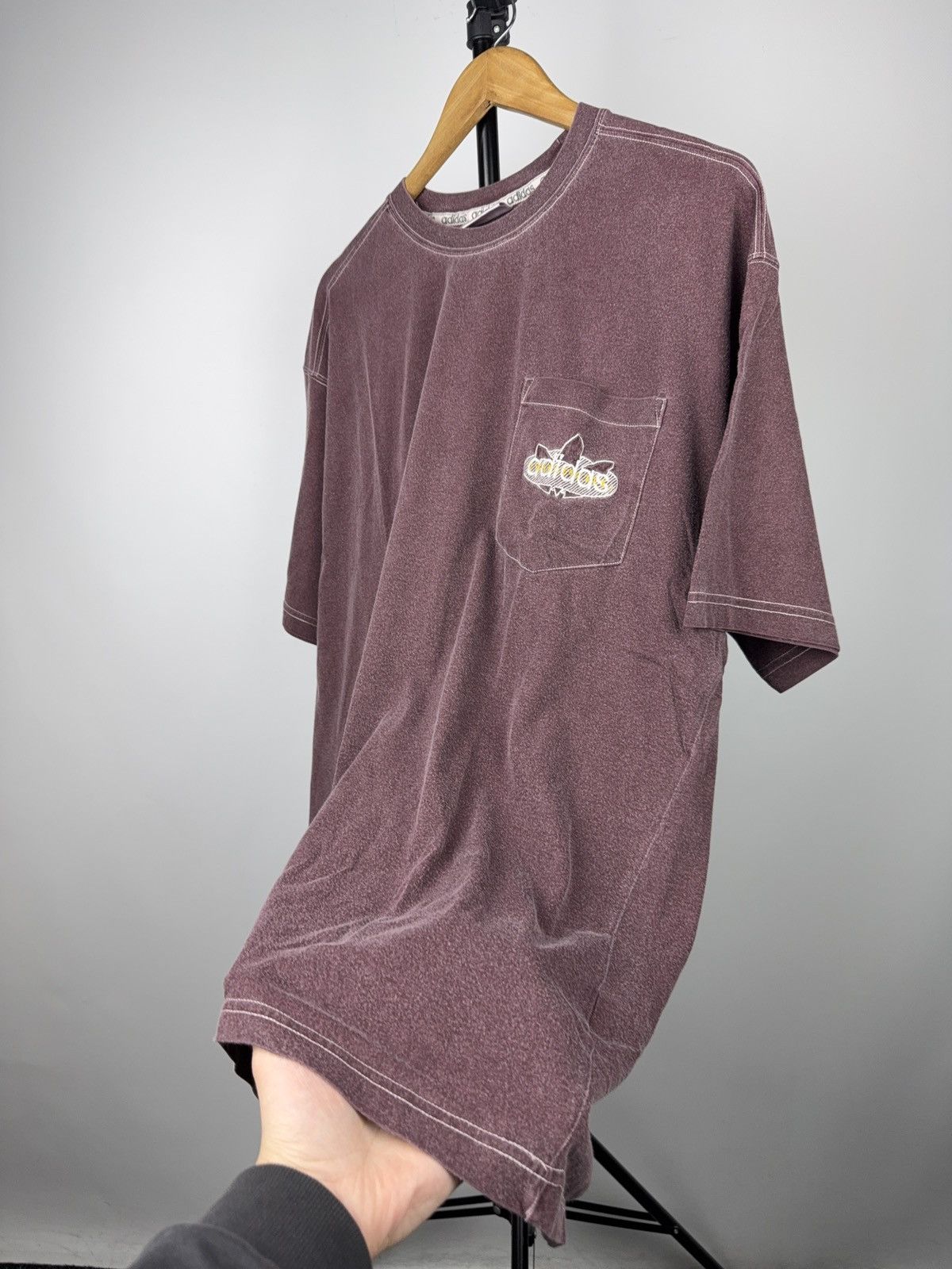 Adidas 90s Vintage Adidas Trefoil Pocket T Shirt Burgundy Washed L Size US L / EU 52-54 / 3 - 7 Thumbnail