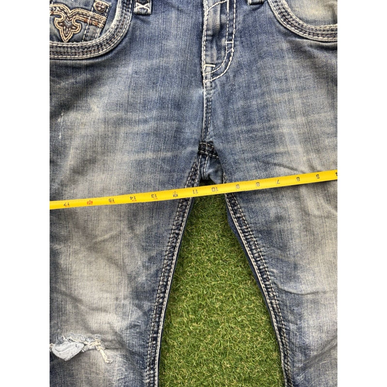 Vintage Rock Revival Jeans Men 31 Blue Priam Straight Denim 5-Pocket Distressed Regular Fit USA Rock Grunge Style Pants Size US 31 - 7 Thumbnail