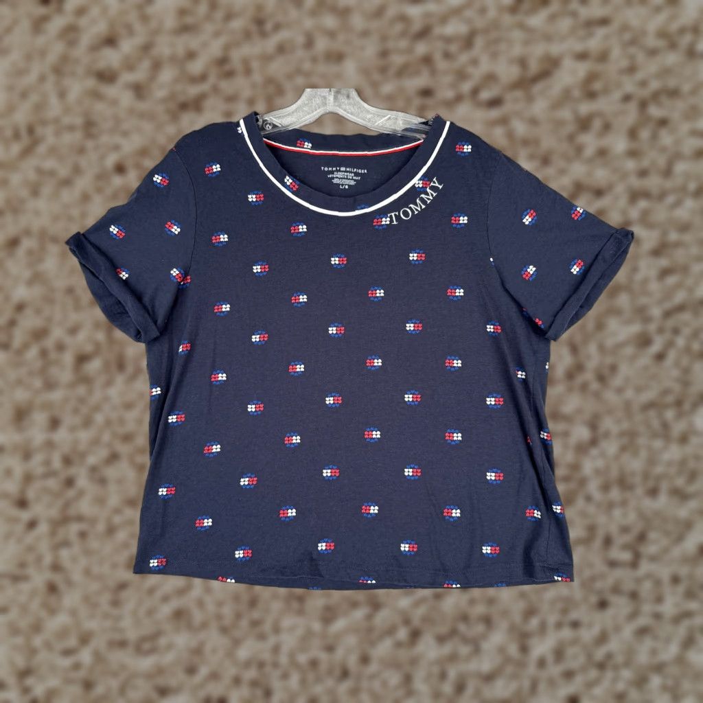 Tommy Hilfiger Tommy Hilfiger Shirt Women Large Blue Heart AOP Crew Short Sleeve Cotton Blend Logo Size L / US 10 / IT 46 - 1 Thumbnail