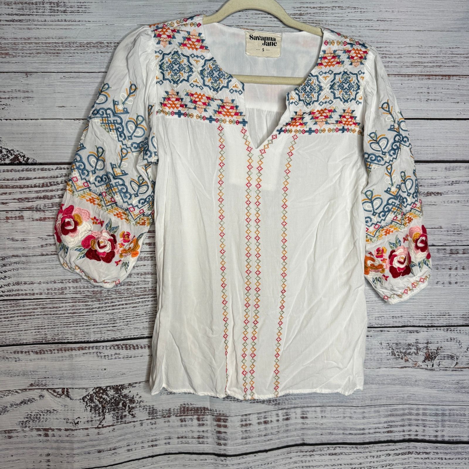 L&B Sanvanna Jane White Embroidered V-Neck Tunic - Small Size S / US 4 / IT 40 - 1 Thumbnail