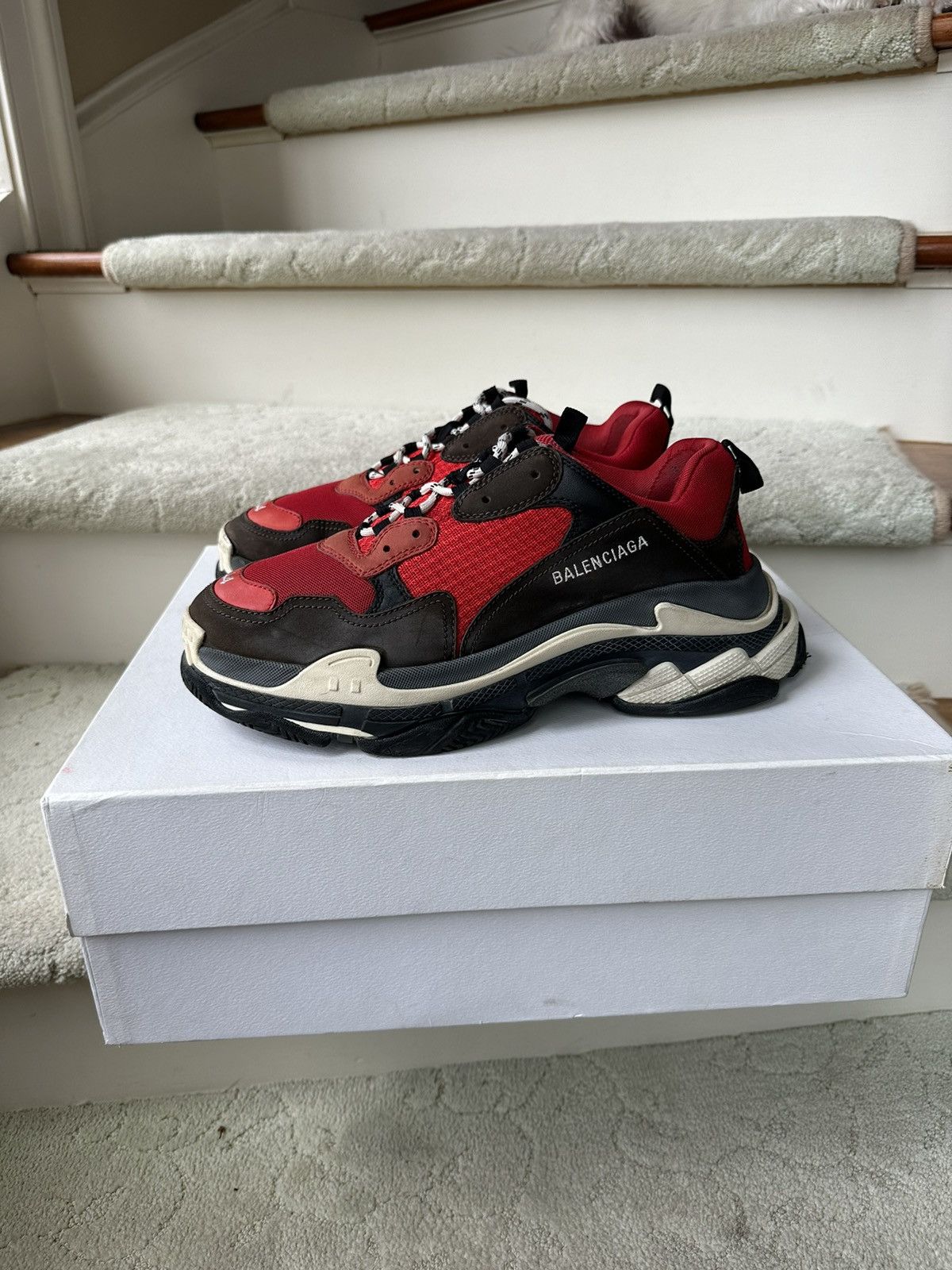 image of Balenciaga Triple S Red Black Pre Distressed Shoes, Men's (Size 11)