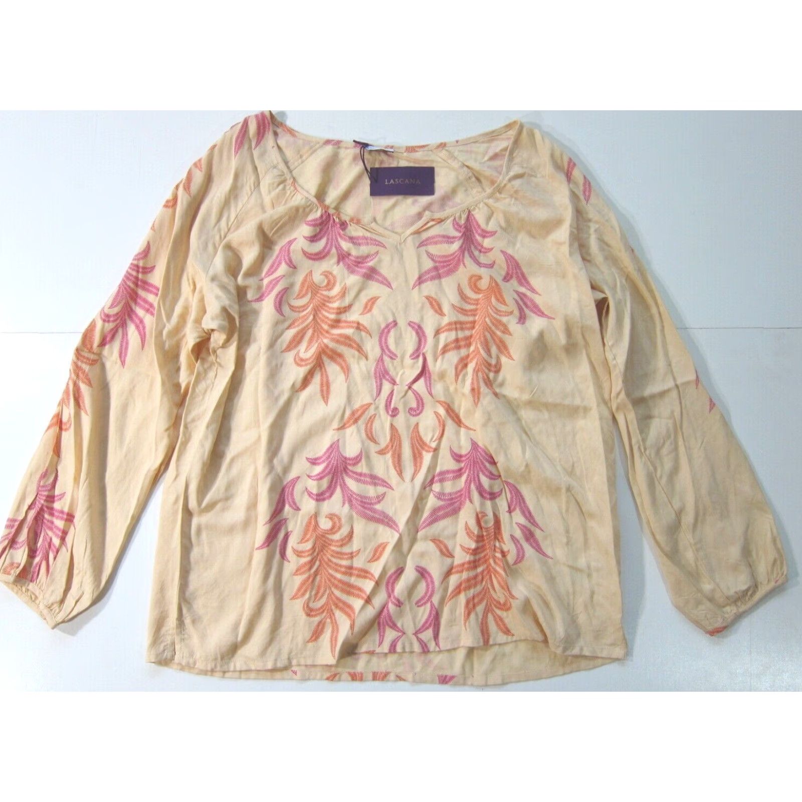 Vintage NWT Lascana 100% Rayon Peach Pink Orange Long Sleeve Peasant Blouse Women 12 Size XL / US 12-14 / IT 48-50 - 2 Thumbnail