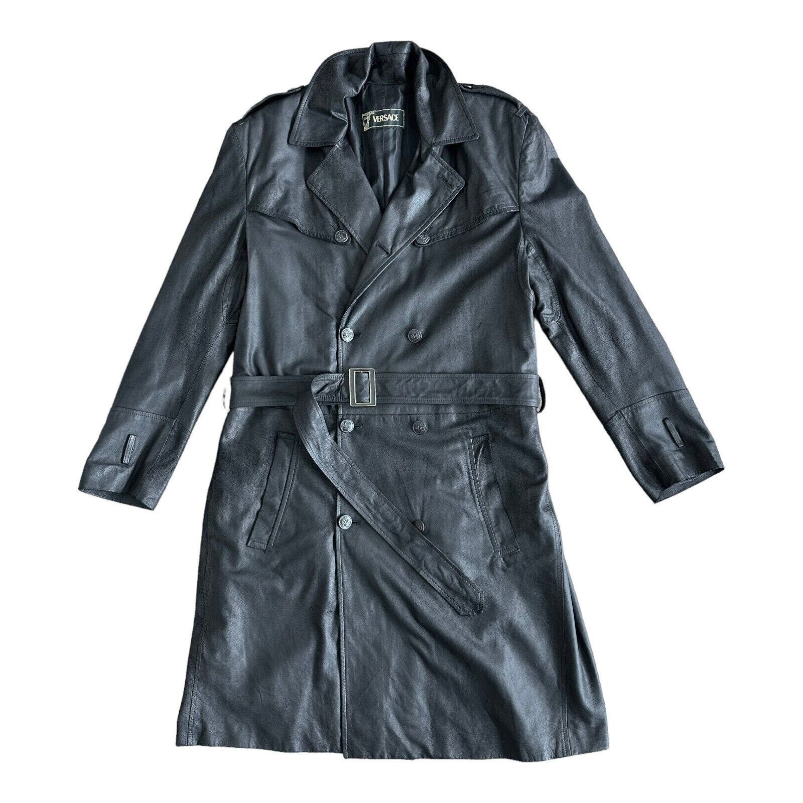 image of Versace Trench Coat Black Leather Double Breasted Belted M, Men's (Size Medium)