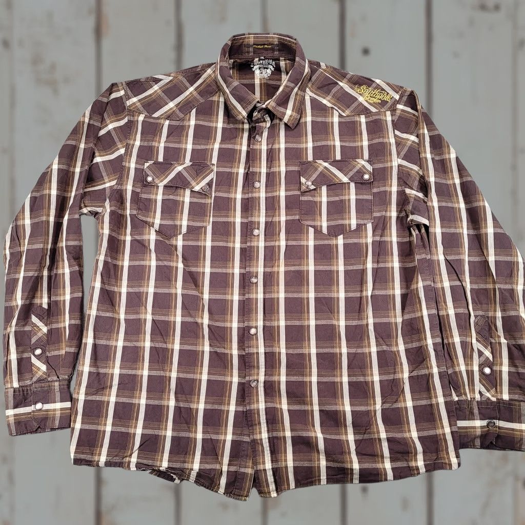 Southpole Southpole Premium Mens 3XL Plaid Western Shirt Long Sleeve Pearl Snap Brown Size US XXL / EU 58 / 5 - 1 Thumbnail