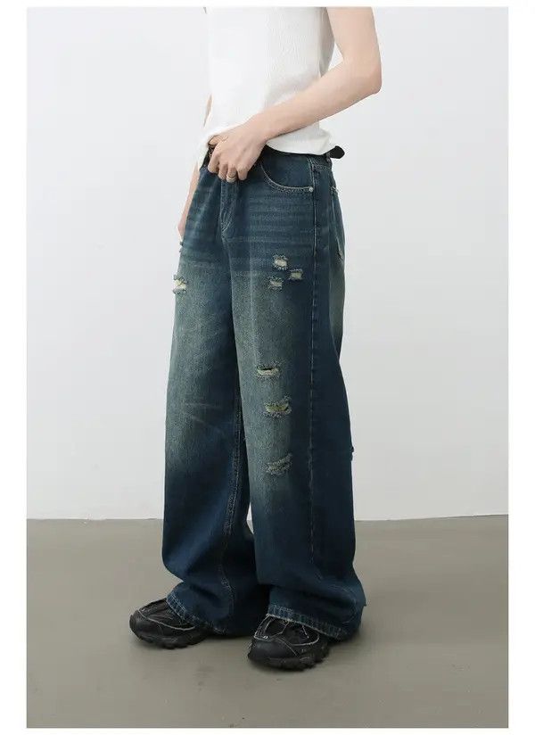 VIBE Men's loose straight retro all-match wide-leg ripped jeans Size US 32 / EU 48 - 4 Thumbnail