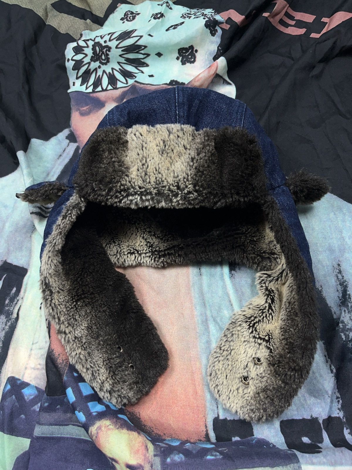 Vintage New Era Denim Earflap Faux Fur Trapper Hat Aviator y2k Size ONE SIZE - 4 Thumbnail
