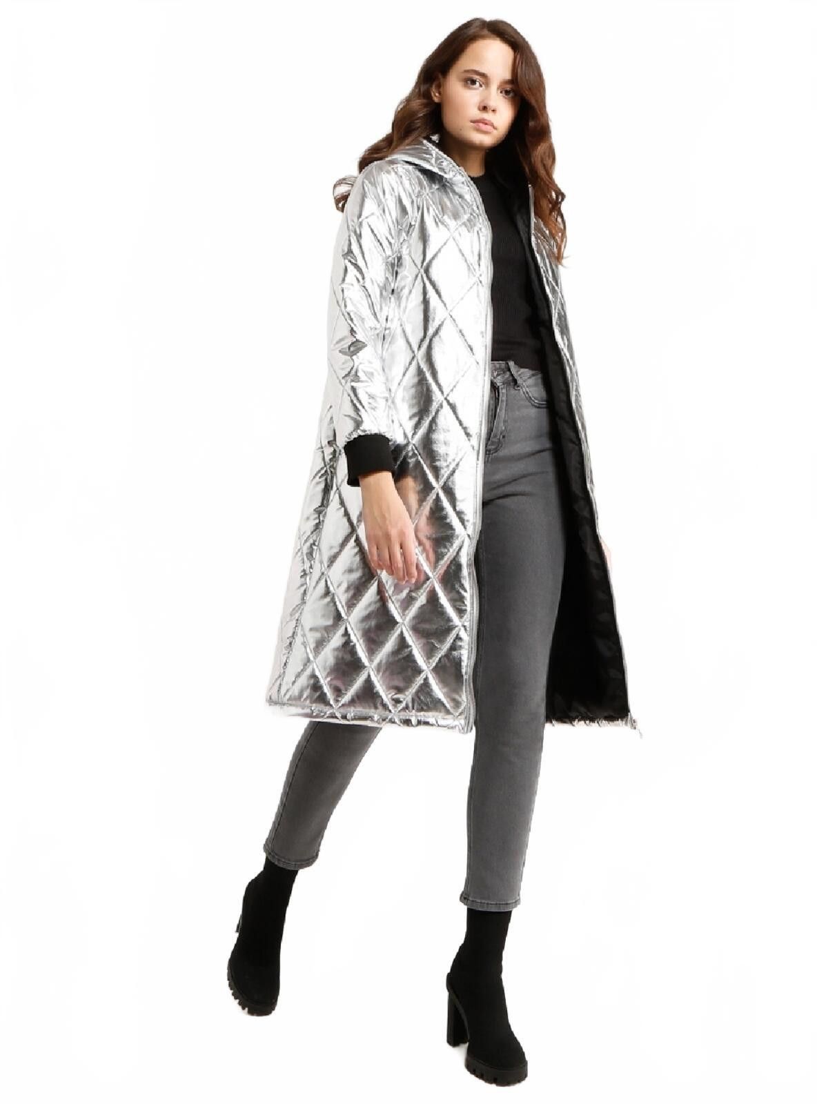 Unknown London Metallic Quilted Long Puffer Coat with Hood, Size 10 Size L / US 10 / IT 46 - 10 Thumbnail