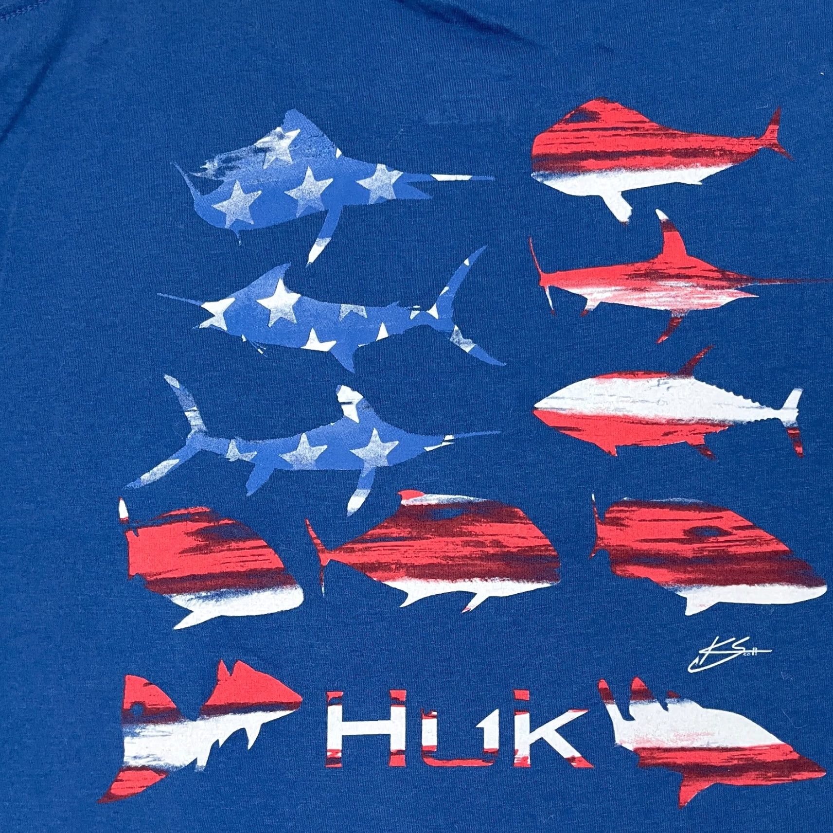 Vintage HUK Shirt Mens XL X-Large Red White Blue Fish Fishing Graphic Crewneck Stretch T-Shirt Short Sleeve Outdoors Logo Classic Size US XL / EU 56 / 4 - 2 Thumbnail