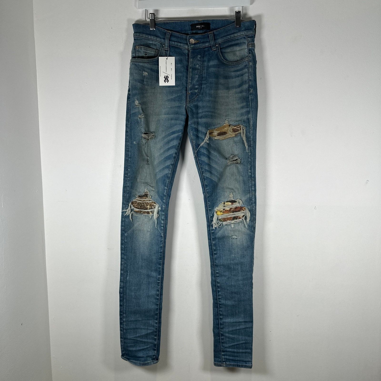 Amiri Amiri MX1 Light Brown Patches Light Wash Jeans Size 30 | Grailed
