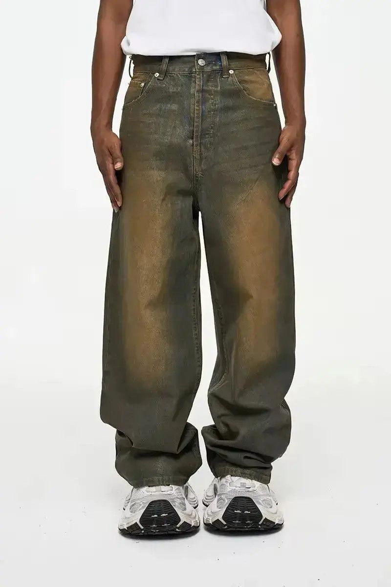 Oil Wax Distressed Mud Coated Brown Design Jeans