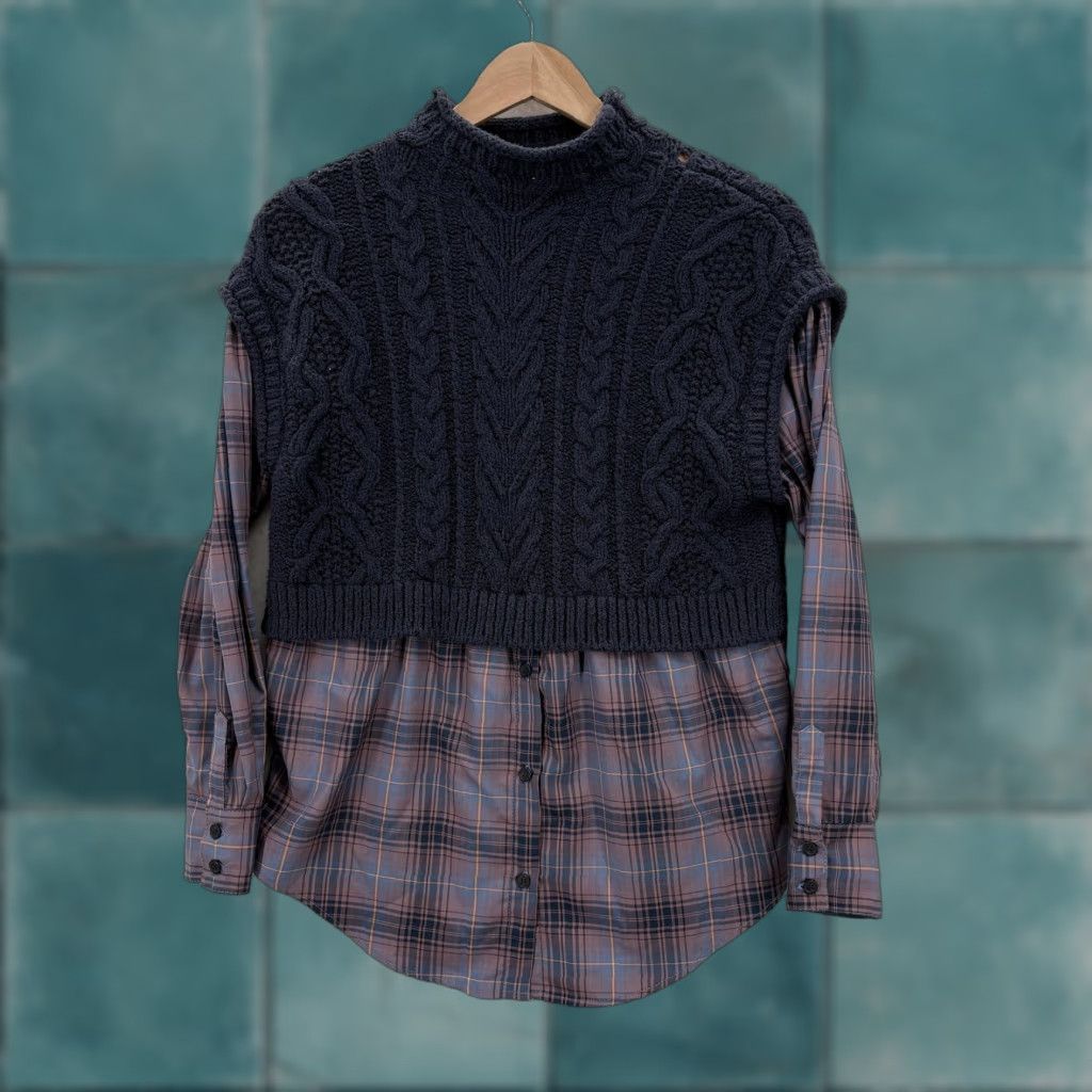 Vintage Maeve Shirt Womens XS Blue Plaid Layered Cable Knit Sweater Boho Knit Overlay Mock Neck Button Front Pullover Size XS / US 0-2 / IT 36-38 - 1 Thumbnail