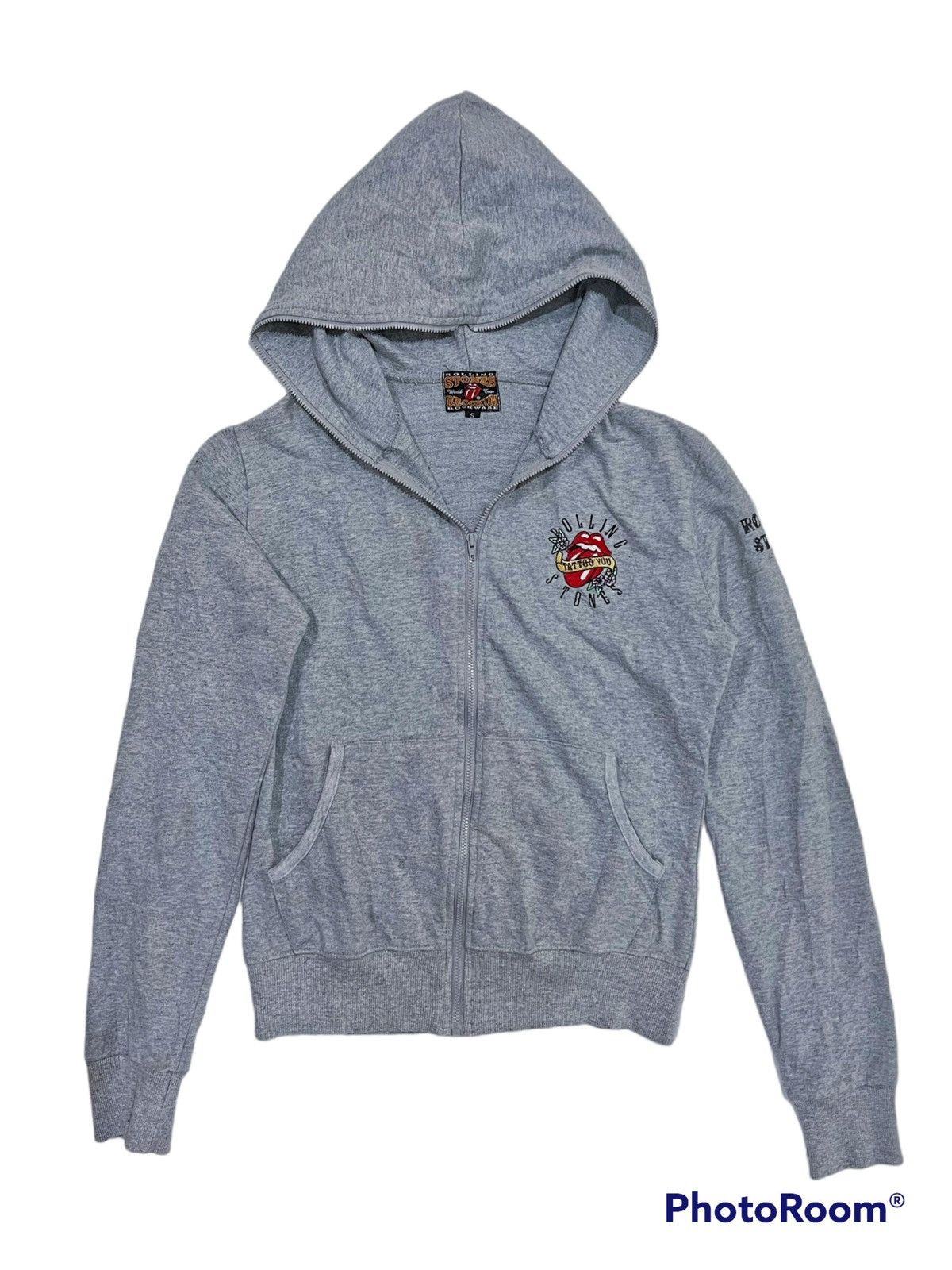 image of Rock Band x The Rolling Stones Rhinestone Hoodie Zip in Grey, Women's (Size Small)