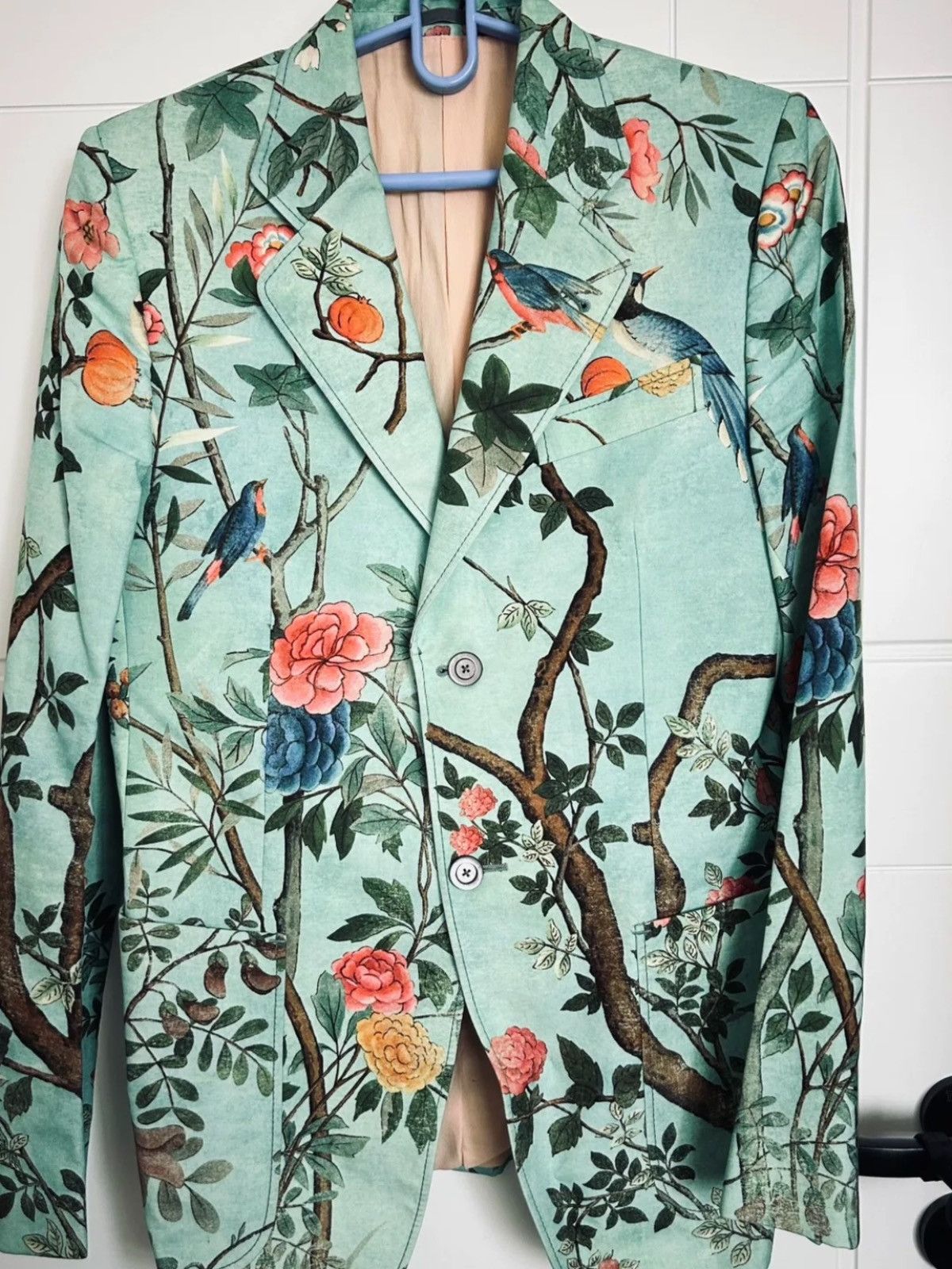 Runway Gucci Teal Cotton Floral Print Blazer Size 44