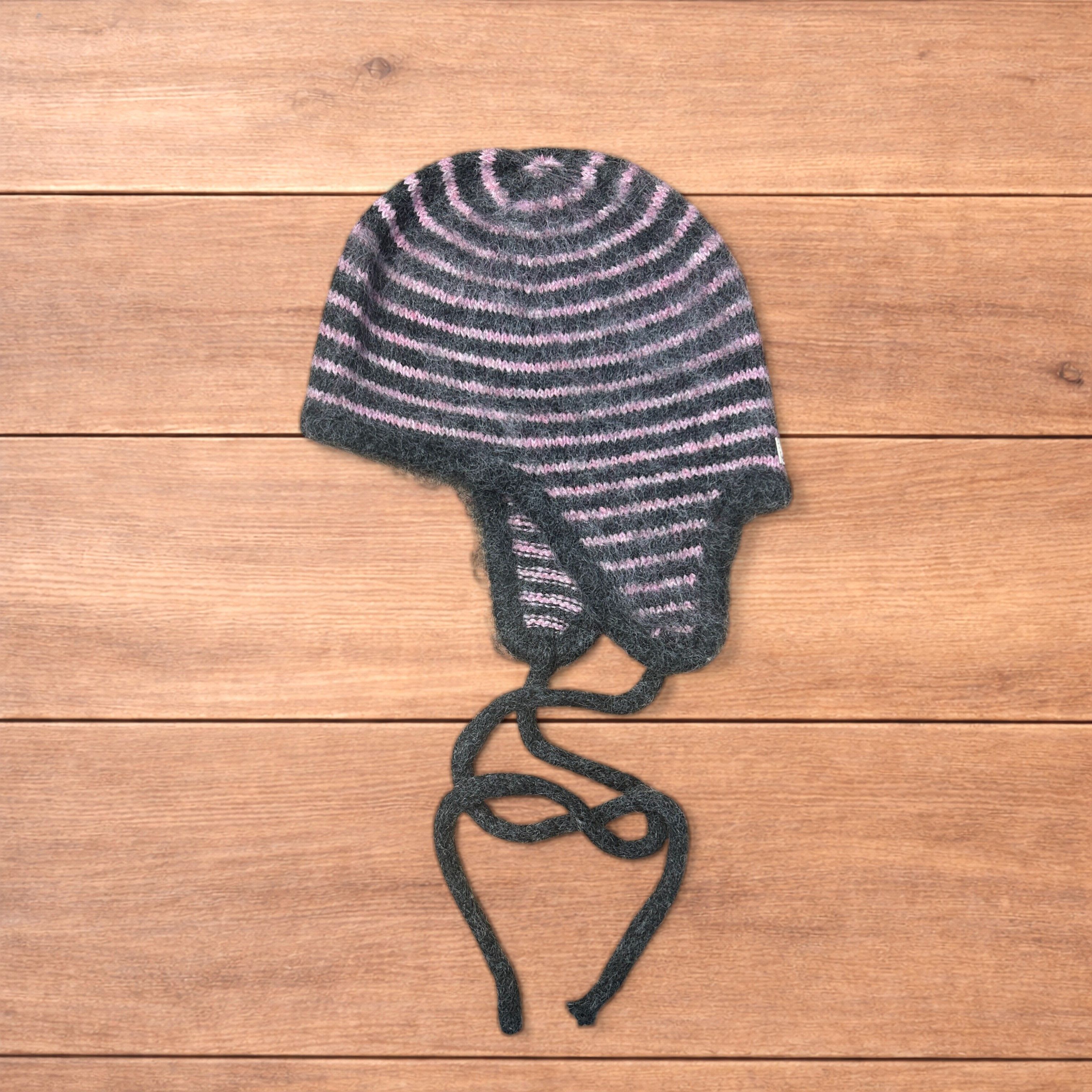 Japanese Brand Vintage style knitted ear flap bonnet in pink/grey stripes. Size ONE SIZE - 1 Thumbnail