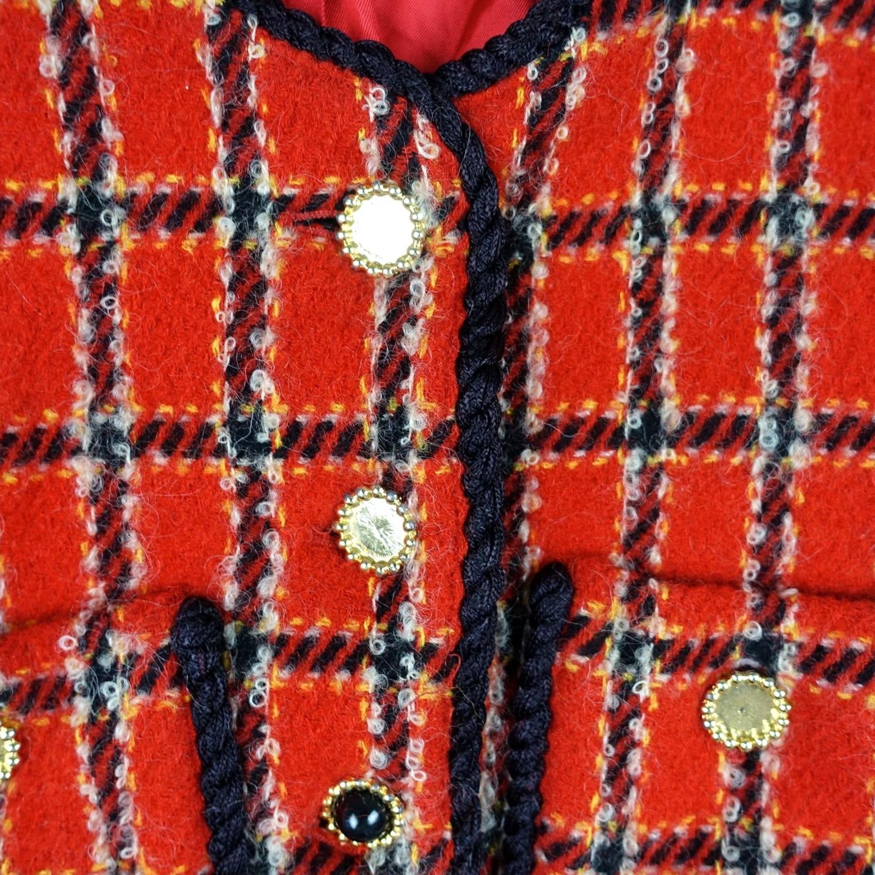 Evan Picone VINTAGE Evan Picone Jacket Womens 6 Red Plaid Wool Tweed Collarless Short Coat/Blazer USA Size M / US 6-8 / IT 42-44 - 5 Thumbnail