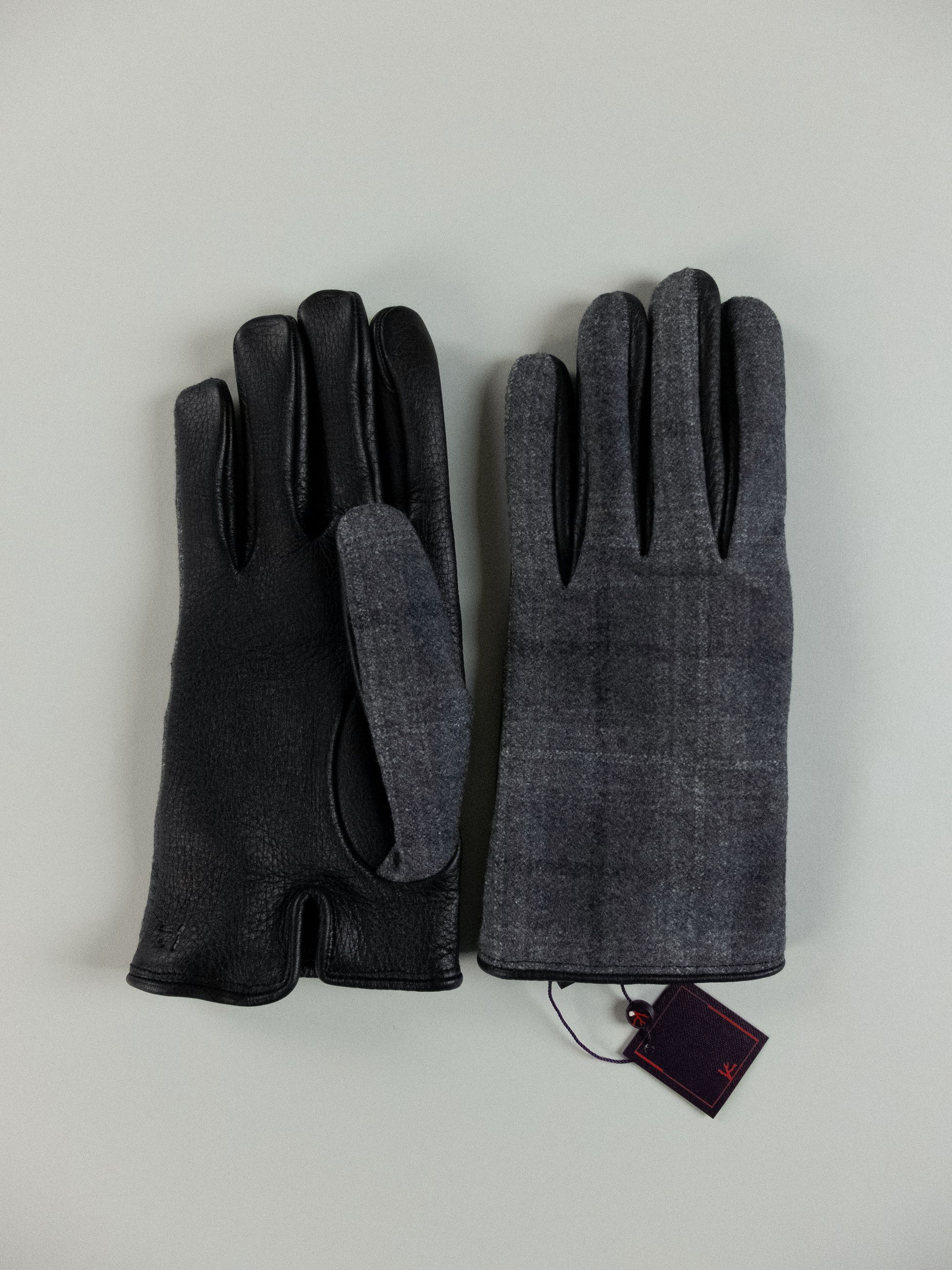 image of Isaia Gray And Black Wool And Leather Cashmere Lined Gloves, Men's