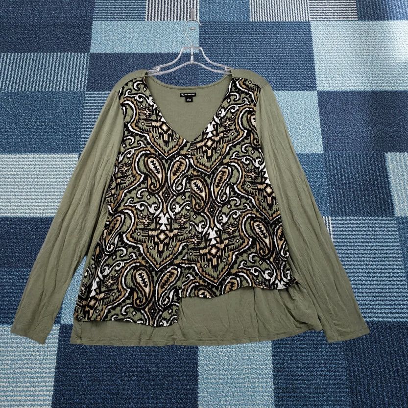 Vintage New Directions Womens L Large Green Paisely V Neck Blouse Shirt Long Sleeve Size L / US 10 / IT 46 - 1 Thumbnail