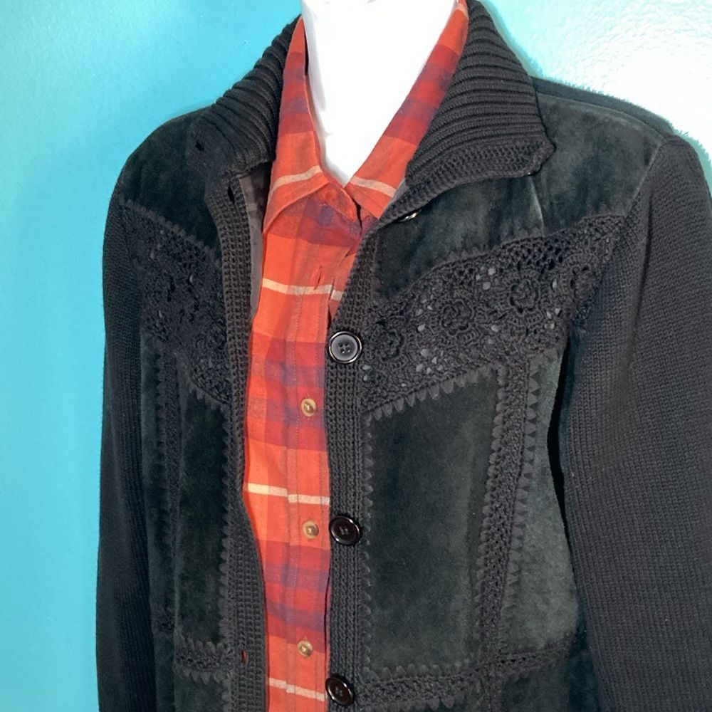 Vintage Maurice Sasson Vintage 90's Black Leather & Knit Cardigan Sw Size S / US 4 / IT 40 - 2 Thumbnail