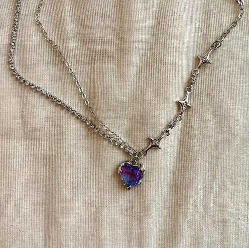 Jewelry y2k 2000s choker heart crystal star pendant silver necklace Size ONE SIZE - 7 Thumbnail