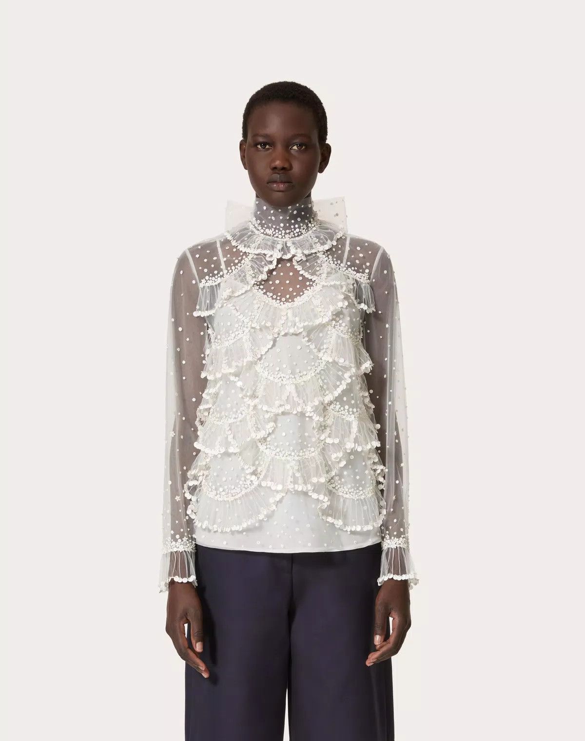 Valentino o1s1wg110426 Tulle Illusione Embroidered Top in Ivory Size M / US 6-8 / IT 42-44 - 5 Thumbnail