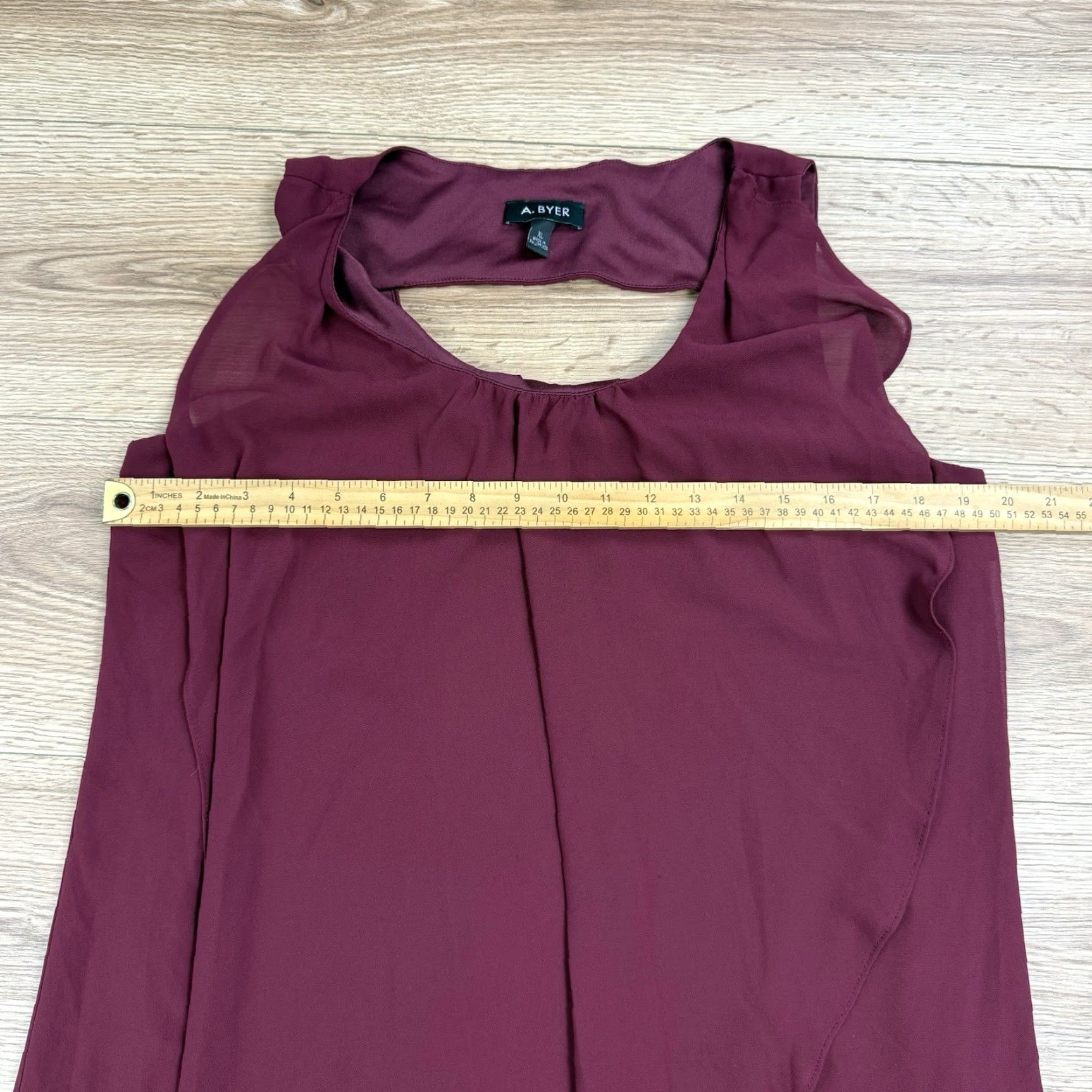Vintage A. Byer Women’s Dress CHIFFON Sleeveless FLOWY Sheer Overlay Lined Maroon XL Knee Length Dress Slip Womens Size XL / US 12-14 / IT 48-50 - 4 Thumbnail