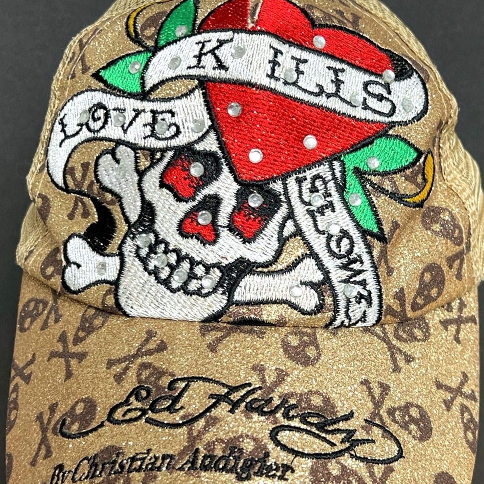 Ed Hardy Ed Hardy Denim Hat Skull & Heart Love Kills Slowly Gold Metallic Snapback RARE Size ONE SIZE - 2 Thumbnail