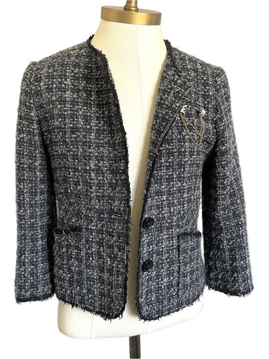 Vintage Navy Blue Gray Tweed Cropped Wool Blend Lady Blazer 🇨🇦 Size S / US 4 / IT 40 - 2 Thumbnail