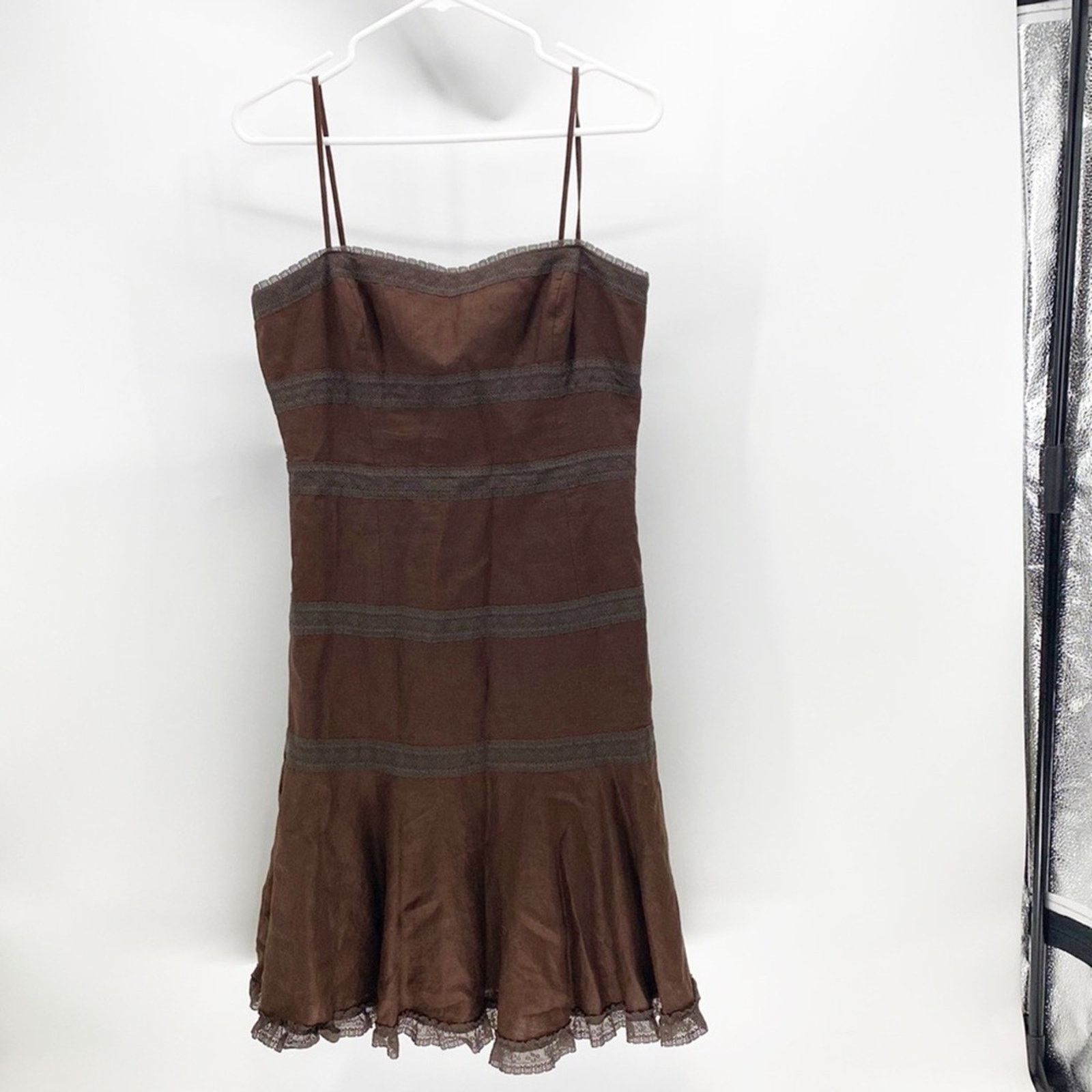 MAGGY LONDON Vintage Maggy London Brown Linen Dress Lace midi 90s Y2K Size XL / US 12-14 / IT 48-50 - 1 Thumbnail