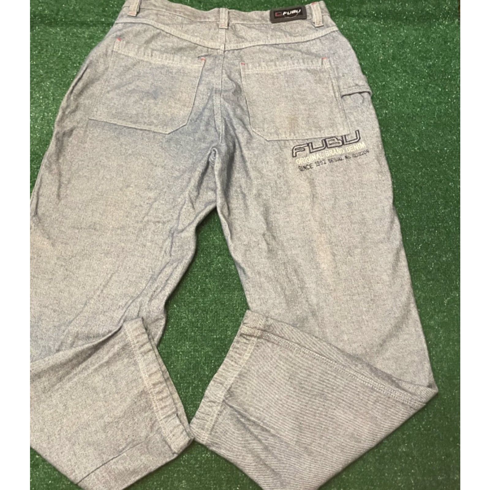 VINTAGE FUBU Jeans Baggy Grunge Cargo Embroidered 38x34 Mens Wide-Leg Skater Y2K VTG