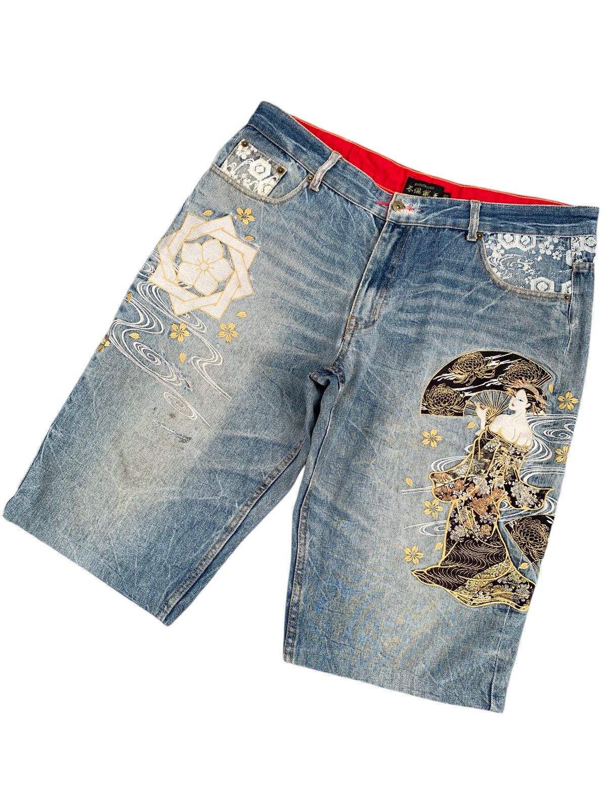 Kapital FUGUTAITEN GEISHA EMBROIDERY LIKE KARAKURI JORTS STYLE DENIM Size US 38 / EU 54 - 5 Thumbnail