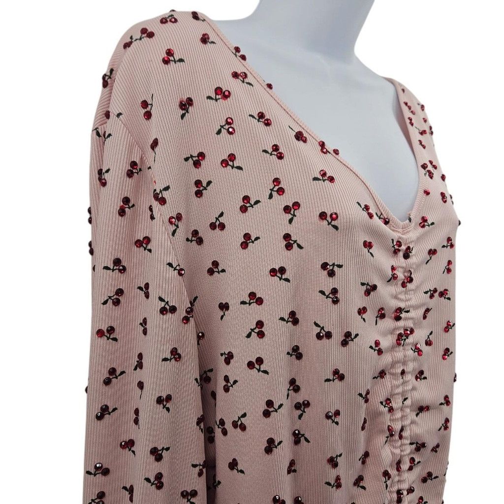 Shein Hand-Rhinestoned Pink Cherry Print Ruched Blouse Size 4XL / US 24-26 - 6 Thumbnail