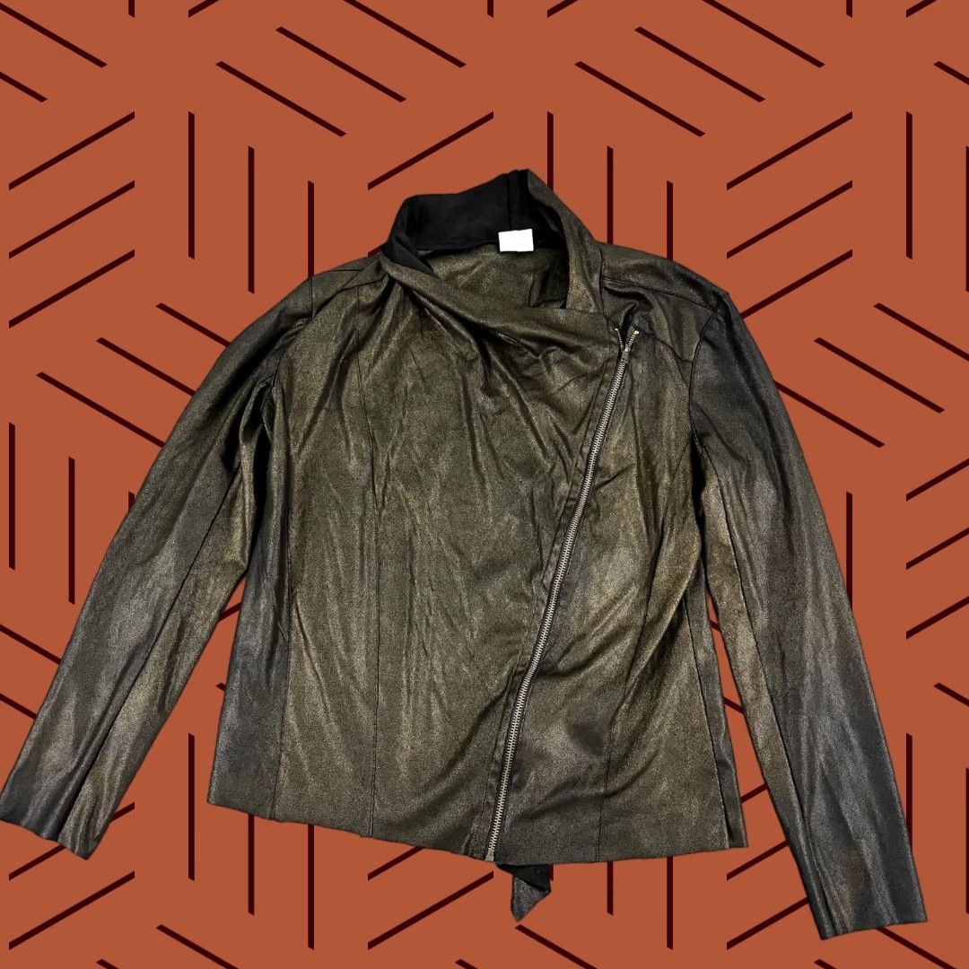 Anthropologie VINTAGE Anthropologie Jacket Womens Large Black Gold Foil Moto Full Zip Asymmetrical Size L / US 10 / IT 46 - 1 Thumbnail